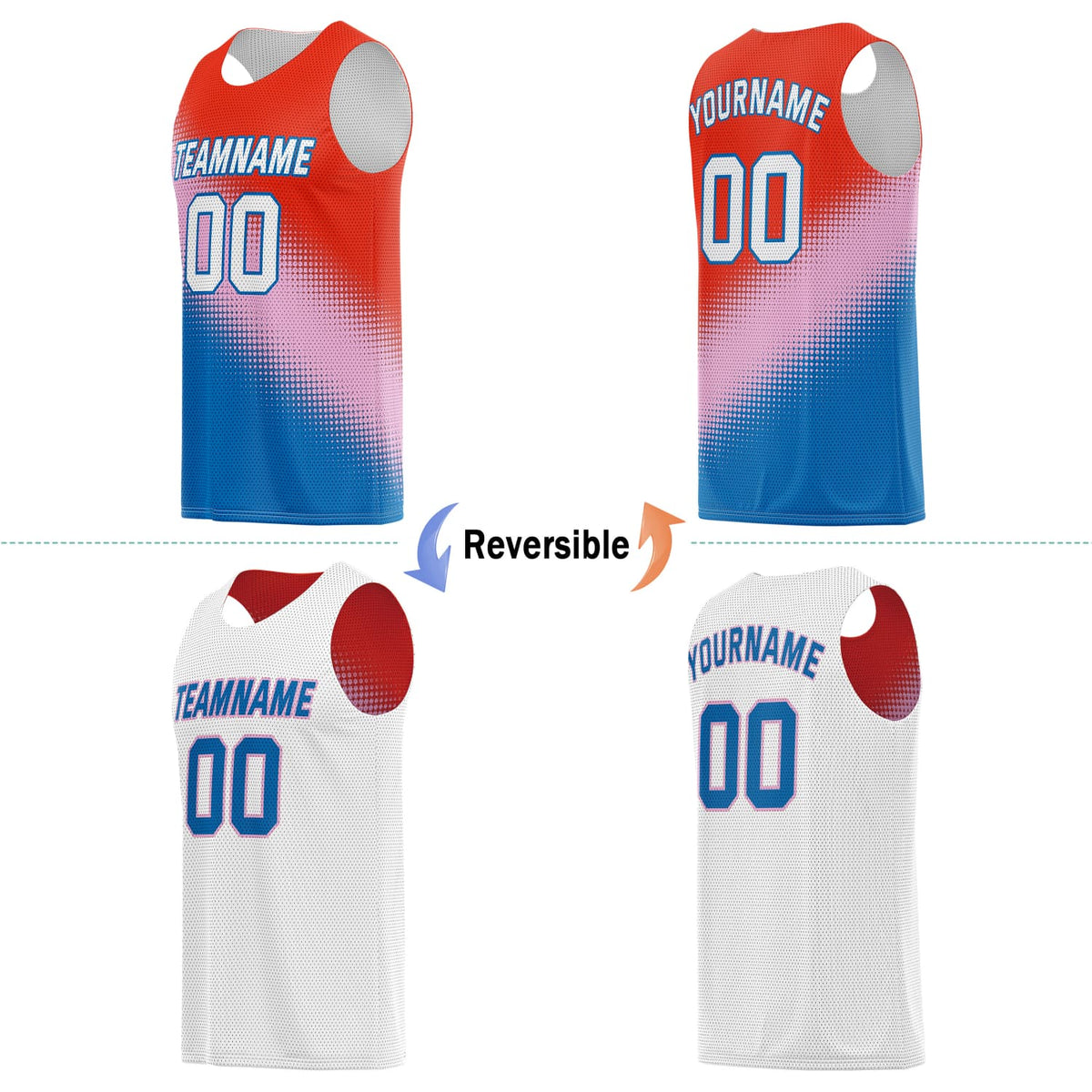 Custom Reversible Basketball Jersey for Individuals & Teams – Red, Pink, Blue & White | Vosoli