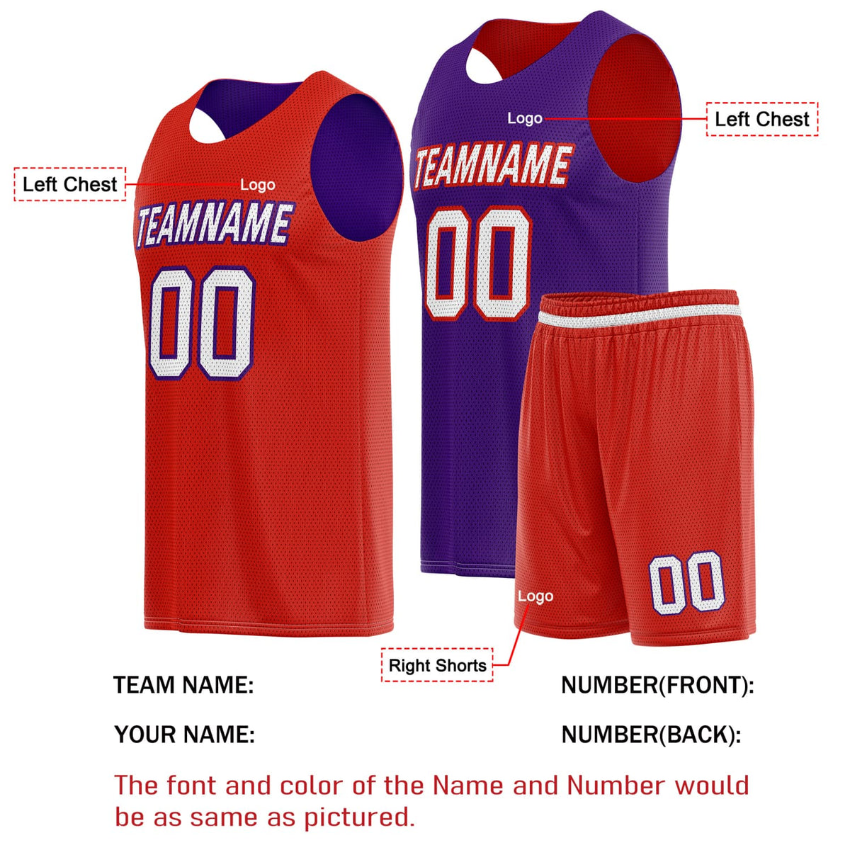 Custom Reversible Basketball Jersey & Shorts Set for Individuals & Teams – Red Purple White | Vosoli