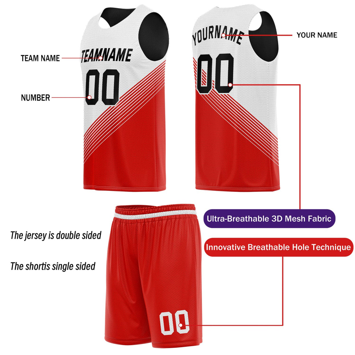 Custom Reversible Basketball Jersey & Shorts Set for Individuals & Teams – Red White Black Diagonal Stripe | Vosoli