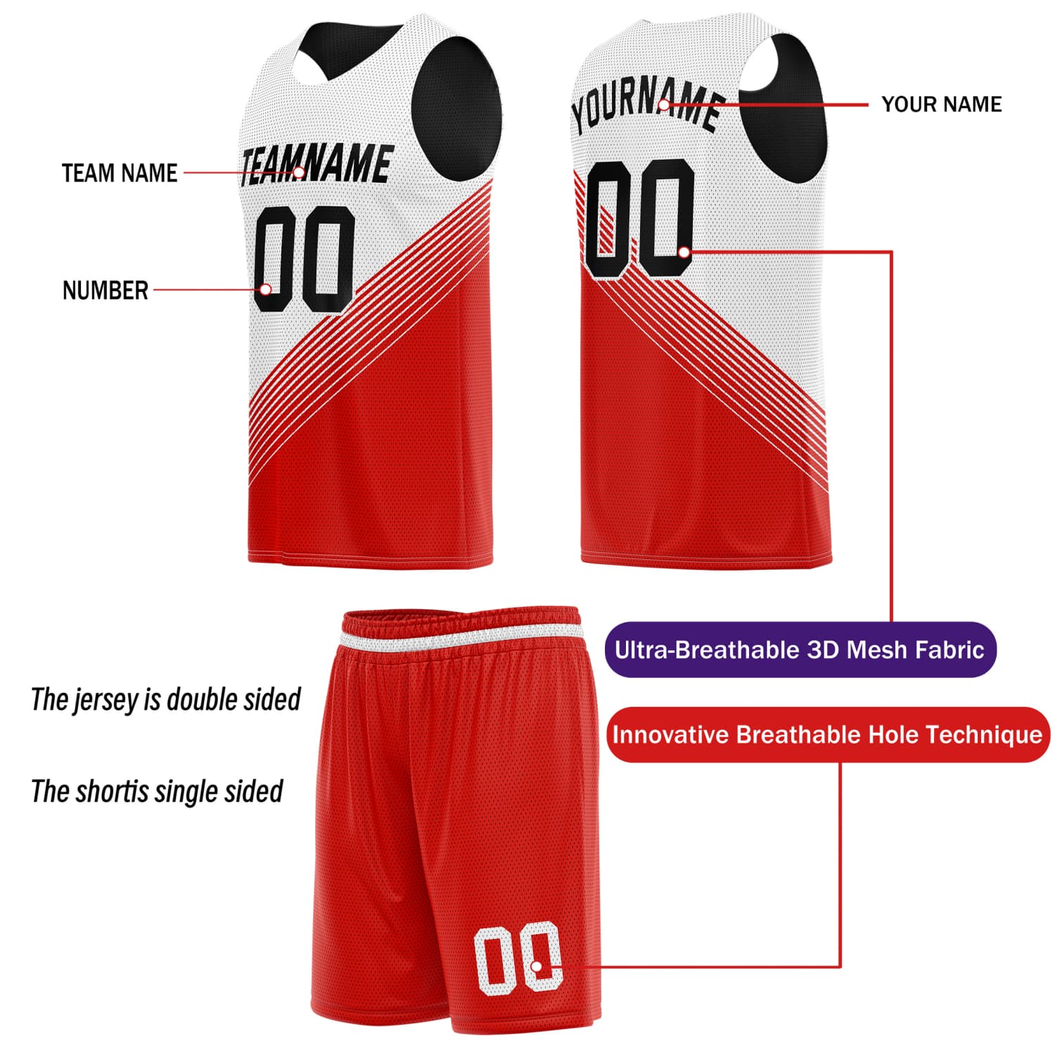 Custom Reversible Basketball Jersey & Shorts Set for Individuals & Teams – Red White Black Diagonal Stripe | Vosoli