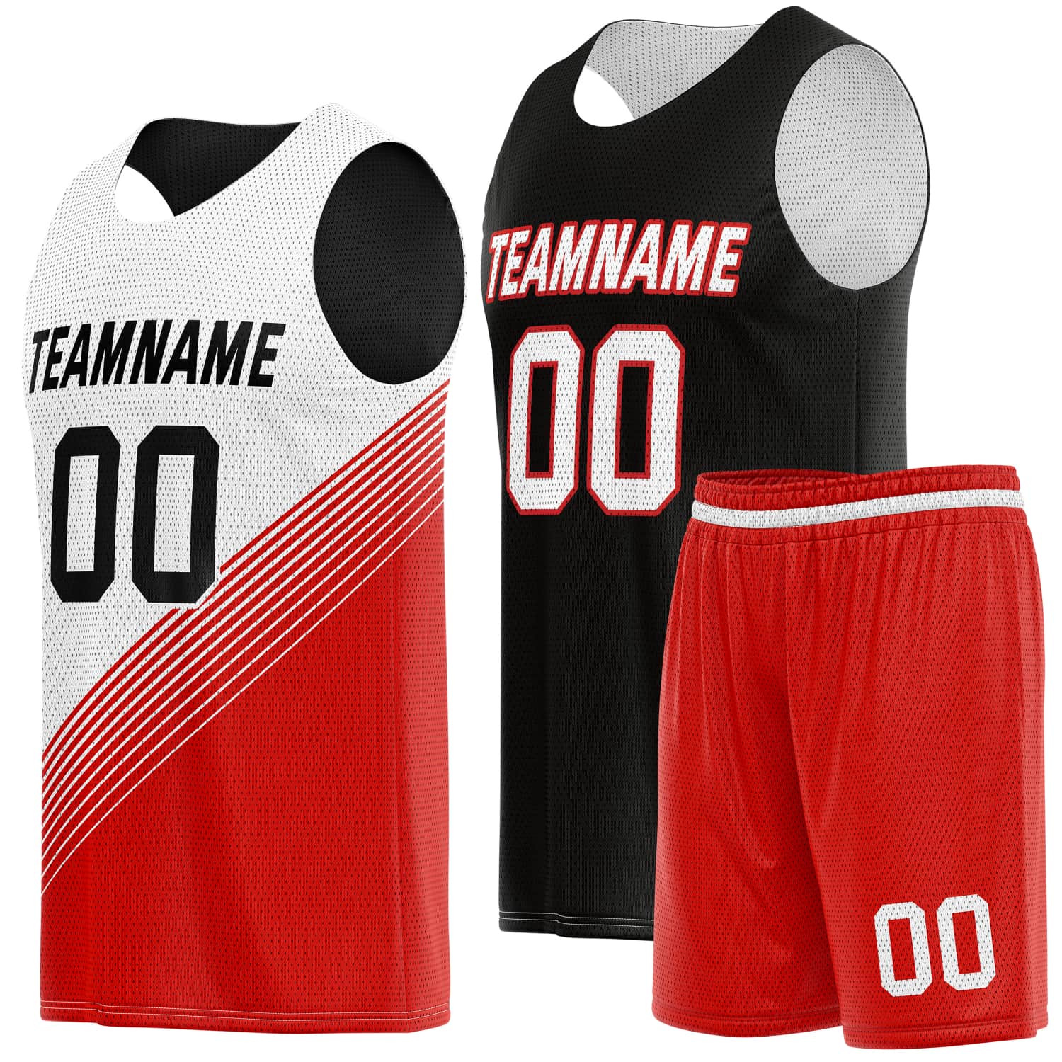 Custom Reversible Basketball Jersey & Shorts Set for Individuals & Teams – Red White Black Diagonal Stripe | Vosoli