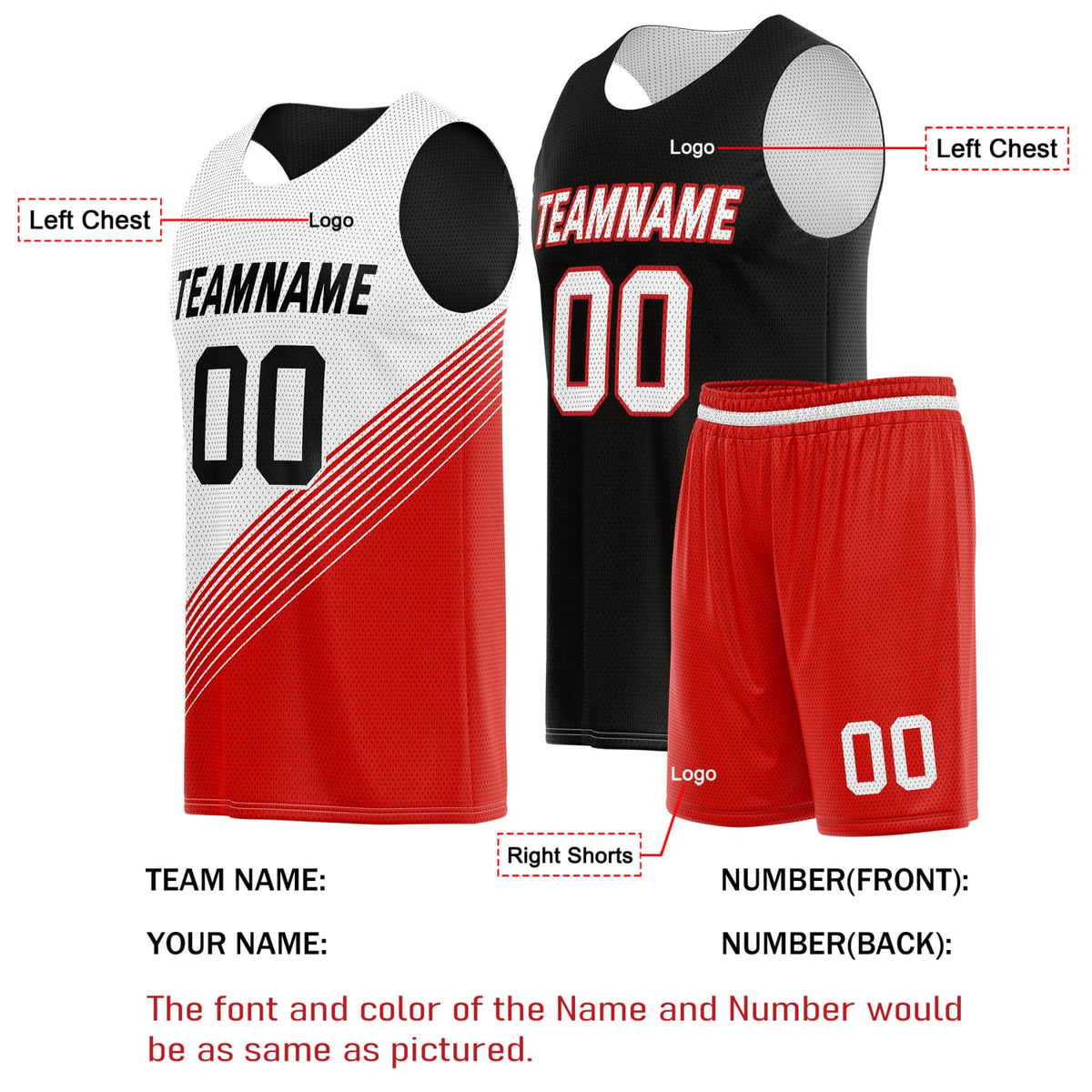 Custom Reversible Basketball Jersey & Shorts Set for Individuals & Teams – Red White Black Diagonal Stripe | Vosoli