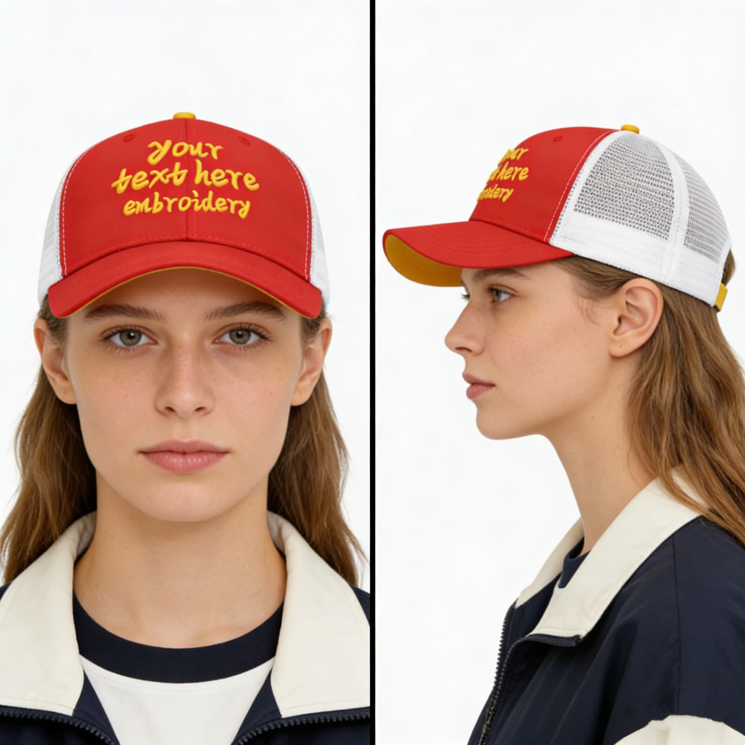 Vosoli Red & White Mesh-Back Trucker Cap - Unisex Personal & Team Custom 3D Embroidery or Print Hat