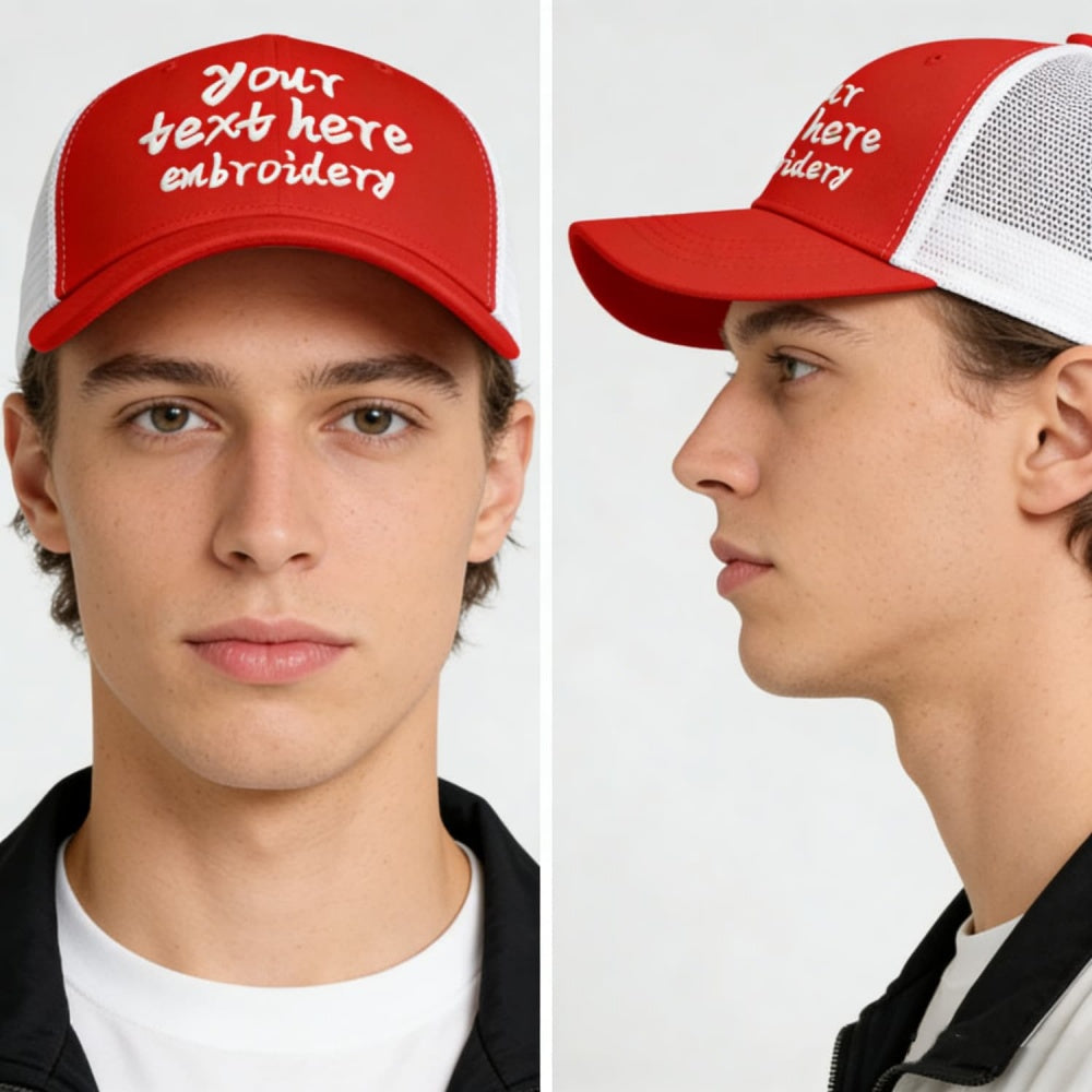 Vosoli Red White Mesh Trucker Cap - Custom Embroidered Personalized Hat