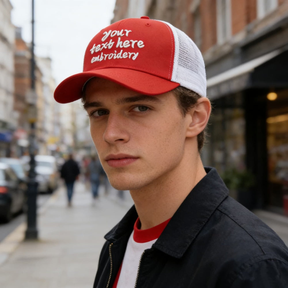 Vosoli Red White Mesh Trucker Cap - Custom Embroidered Personalized Hat