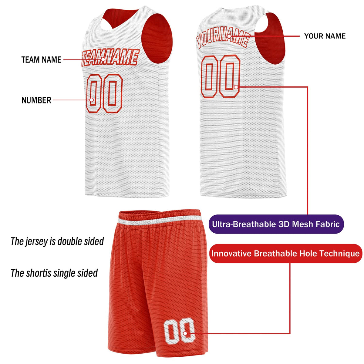 Custom Reversible Basketball Jersey & Shorts Set for Individuals & Teams – Red White | Vosoli