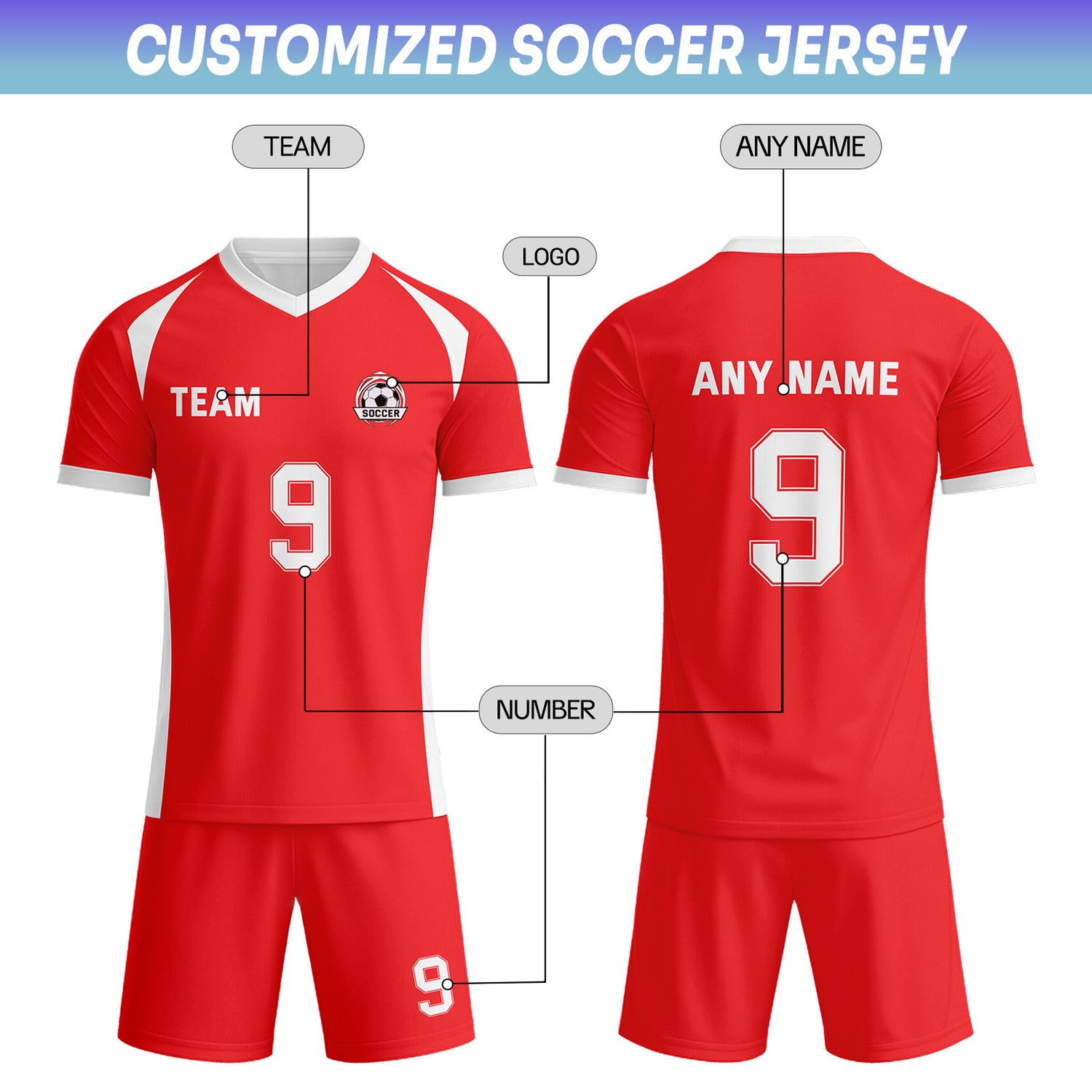 Custom Red & White Soccer Uniform Set - Personalized Team Name & Number | Vosoli