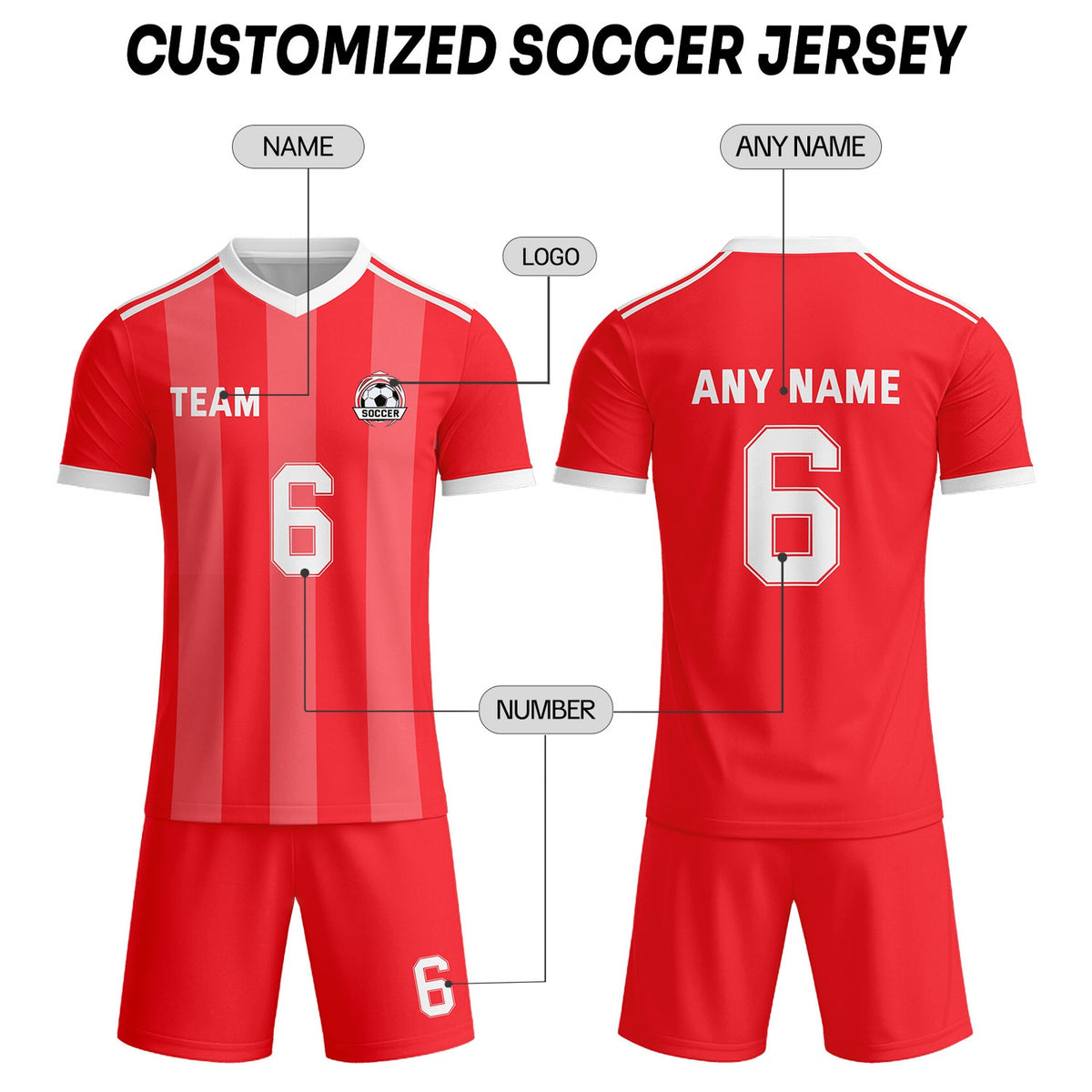 Custom Red & White Striped Soccer Uniform Set for Teams & Individuals | Vosoli