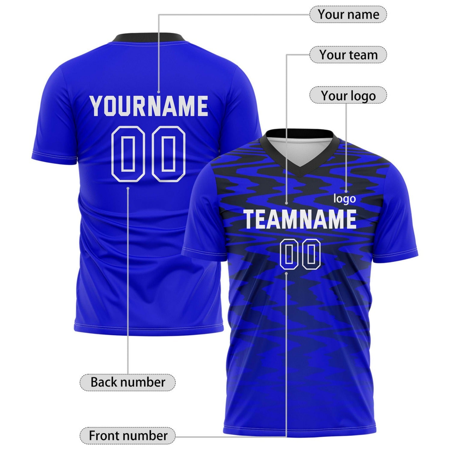 Custom Royal Blue & Black Wave Pattern Soccer Jersey for Teams & Individuals | Vosoli