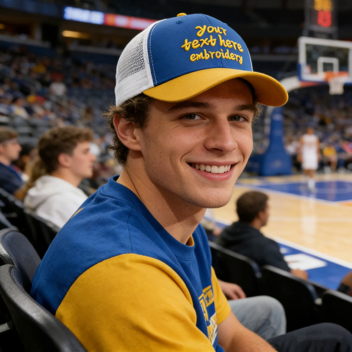 Vosoli Royal Blue & Gold Two-Tone Baseball Trucker Hat - Unisex Custom 3D Embroidery or Print