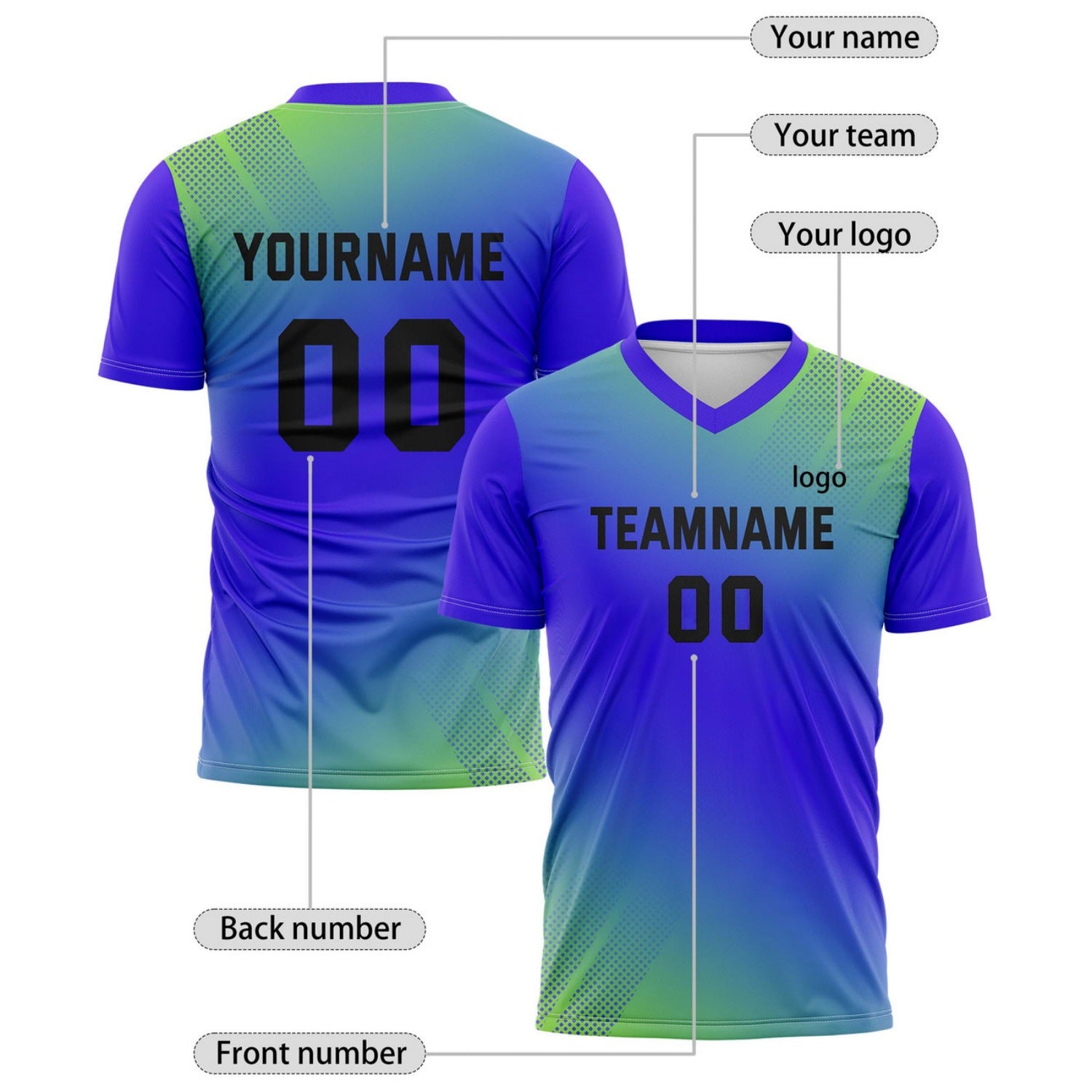 Custom Royal Blue & Green Ombré Soccer Jersey for Teams & Individuals | Vosoli