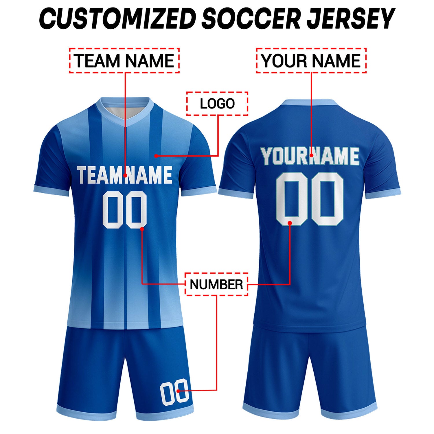 Custom Royal Blue & Light Blue Stripe Gradient Soccer Uniform Set for Teams & Individuals | Vosoli