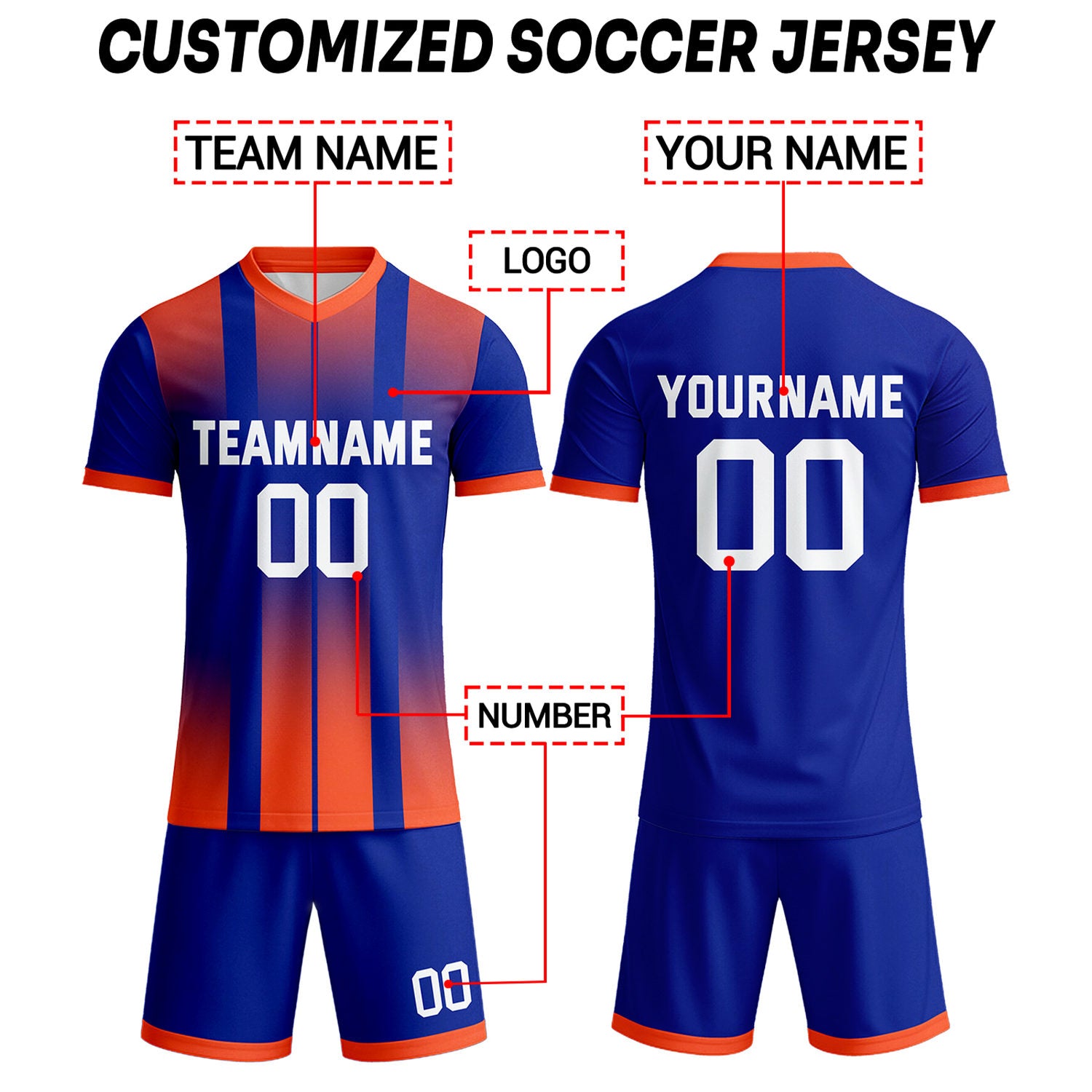 Custom Royal Blue & Orange Stripe Soccer Uniform Set for Teams & Individuals | Vosoli