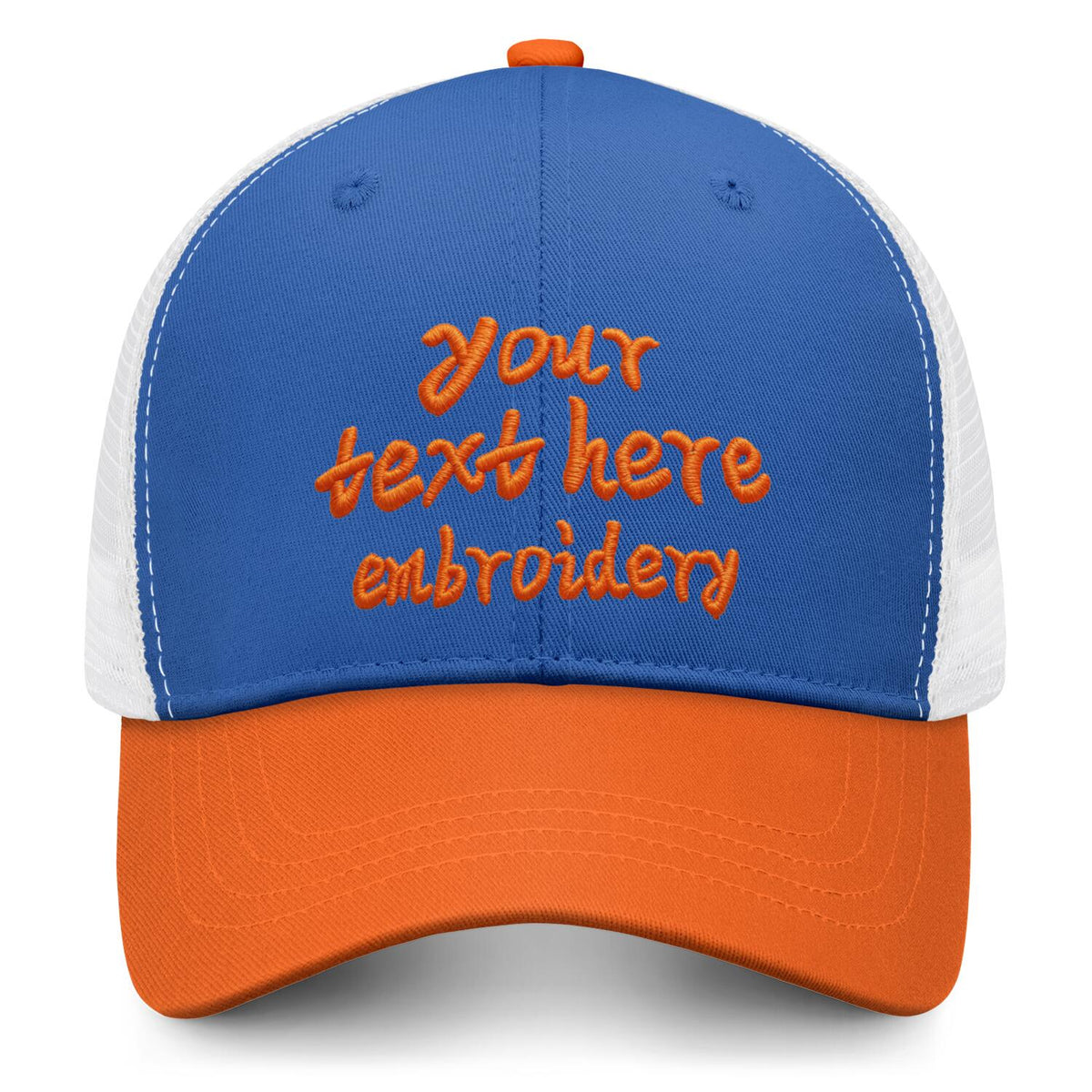 Vosoli Royal Blue & Orange Two-Tone Baseball Trucker Hat - Unisex Custom 3D Embroidery or Print