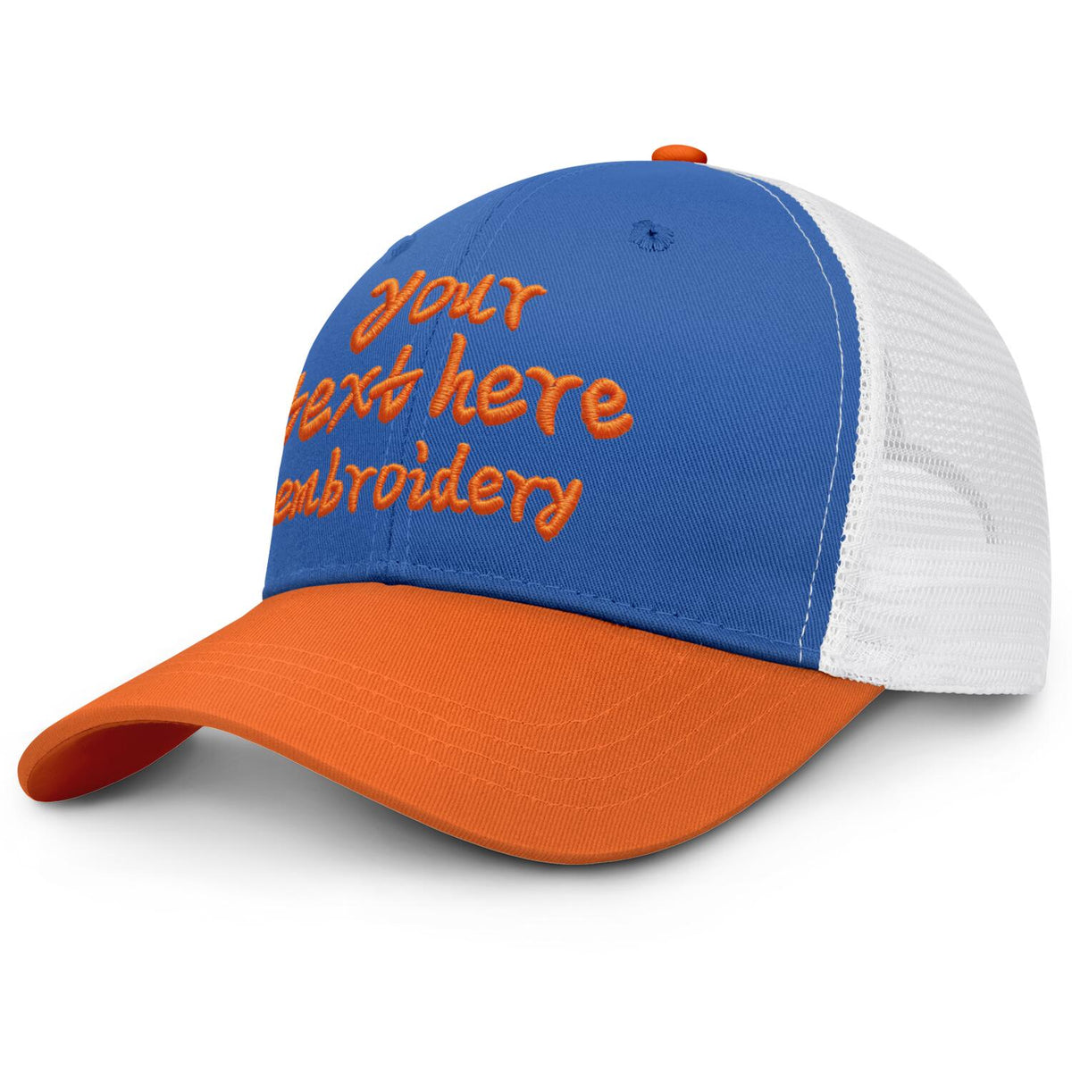 Vosoli Royal Blue & Orange Two-Tone Baseball Trucker Hat - Unisex Custom 3D Embroidery or Print