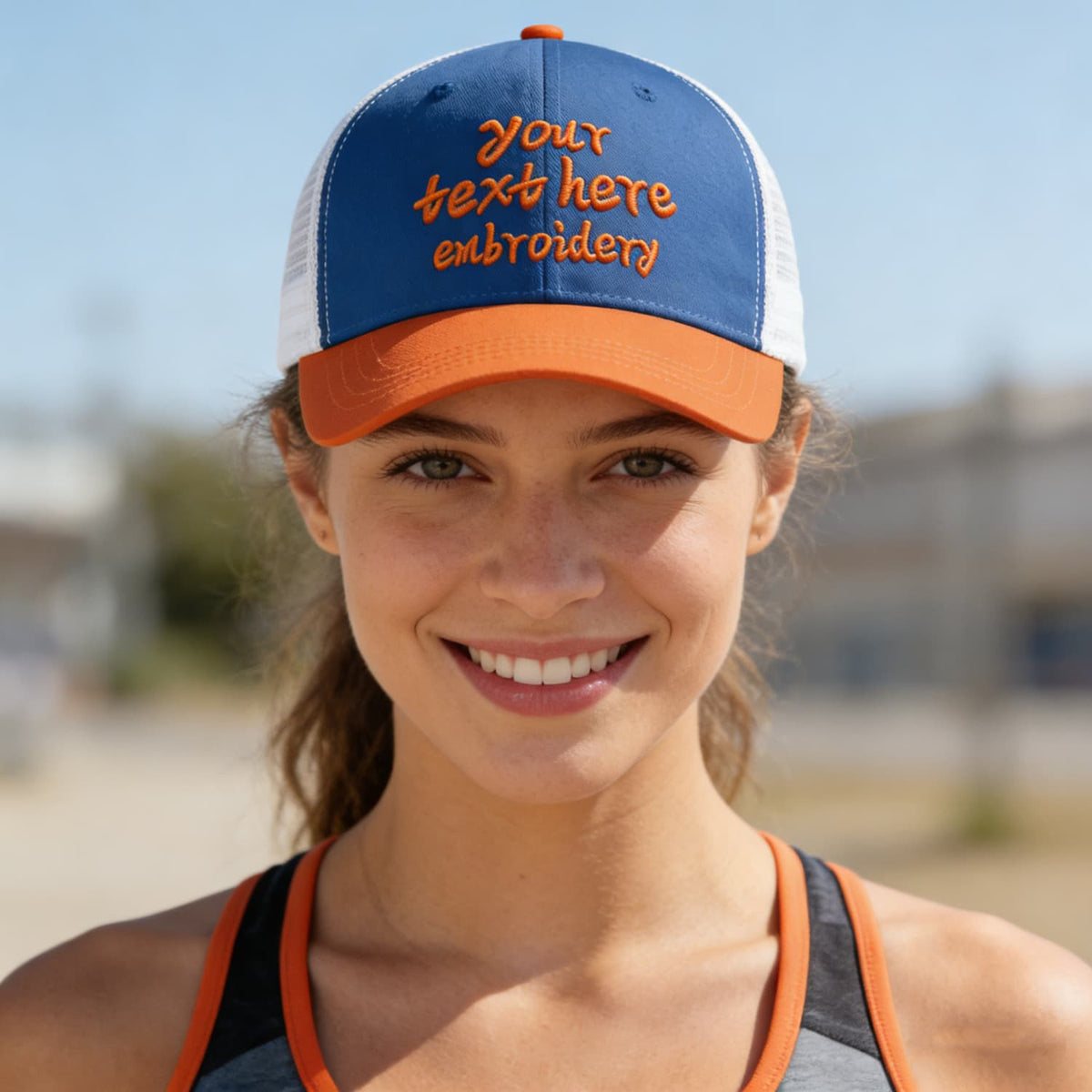 Vosoli Royal Blue &amp; Orange Two-Tone Baseball Trucker Hat - Unisex Custom 3D Embroidery or Print