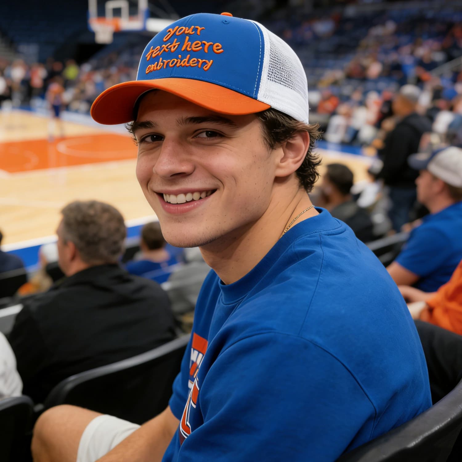 Vosoli Royal Blue & Orange Two-Tone Baseball Trucker Hat - Unisex Custom 3D Embroidery or Print