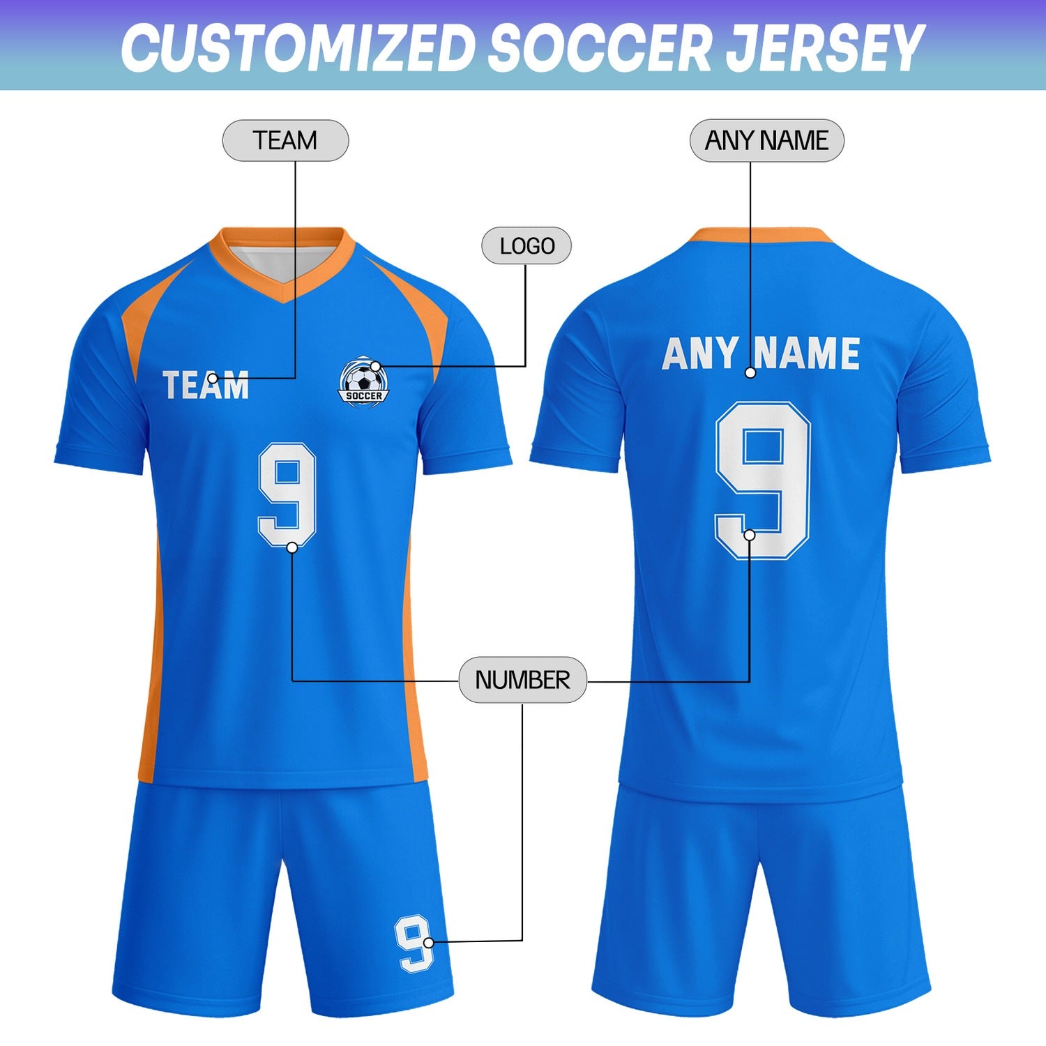 Custom Royal Blue & Orange-White Soccer Uniform Set - Personalized Team Name & Number | Vosoli