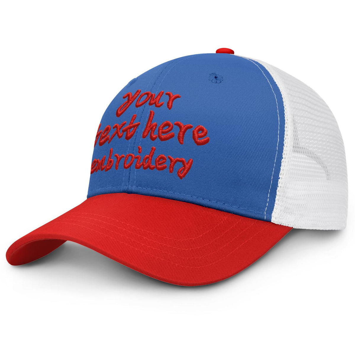 Vosoli Royal Blue & Red Two-Tone Baseball Trucker Hat - Unisex Custom 3D Embroidery or Print