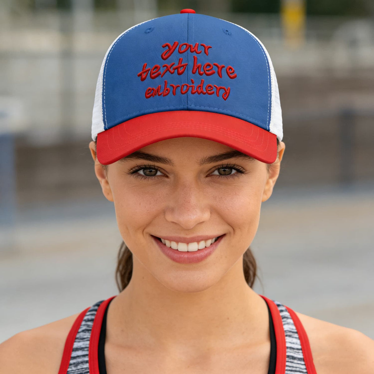 Vosoli Royal Blue &amp; Red Two-Tone Baseball Trucker Hat - Unisex Custom 3D Embroidery or Print