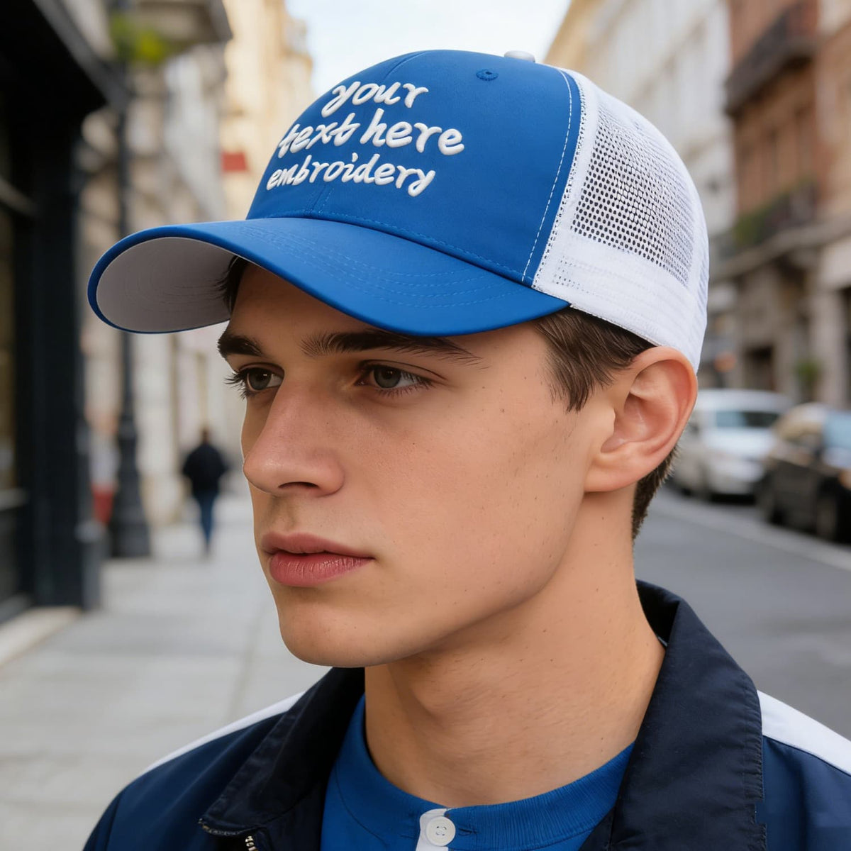 Vosoli Royal Blue & White Mesh-Back Trucker Cap - Unisex Personal & Team Custom 3D Embroidery or Print Hat