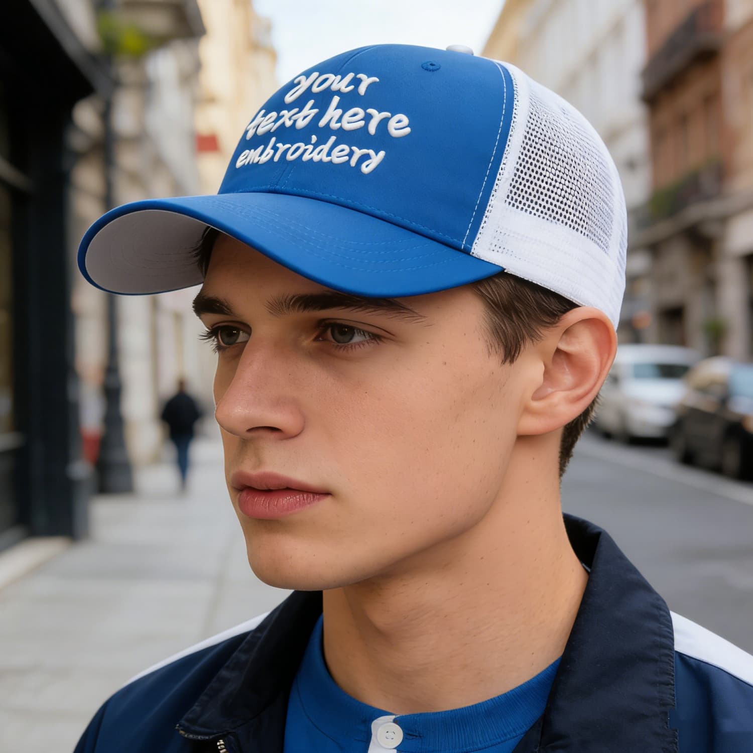 Vosoli Royal Blue & White Mesh-Back Trucker Cap - Unisex Personal & Team Custom 3D Embroidery or Print Hat