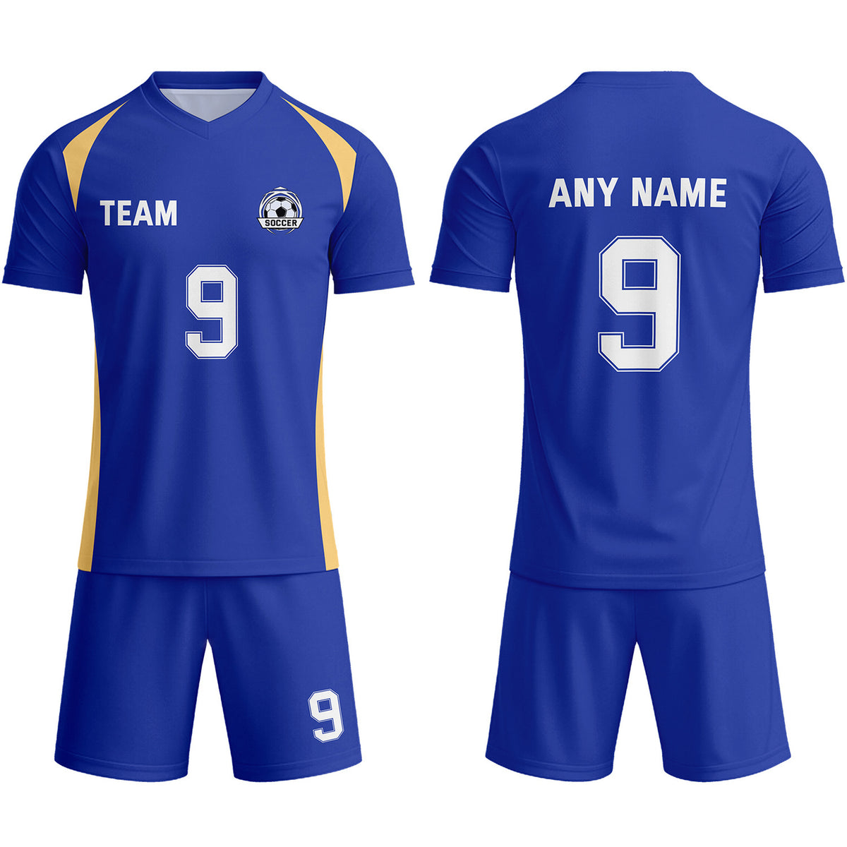 Custom Royal Blue &amp; White-Gold Soccer Uniform Set - Personalized Team Name &amp; Number | Vosoli