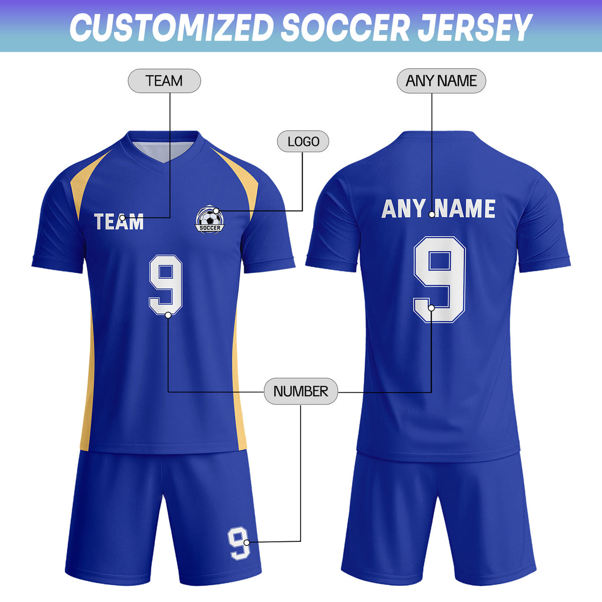 Custom Royal Blue & White-Gold Soccer Uniform Set - Personalized Team Name & Number | Vosoli
