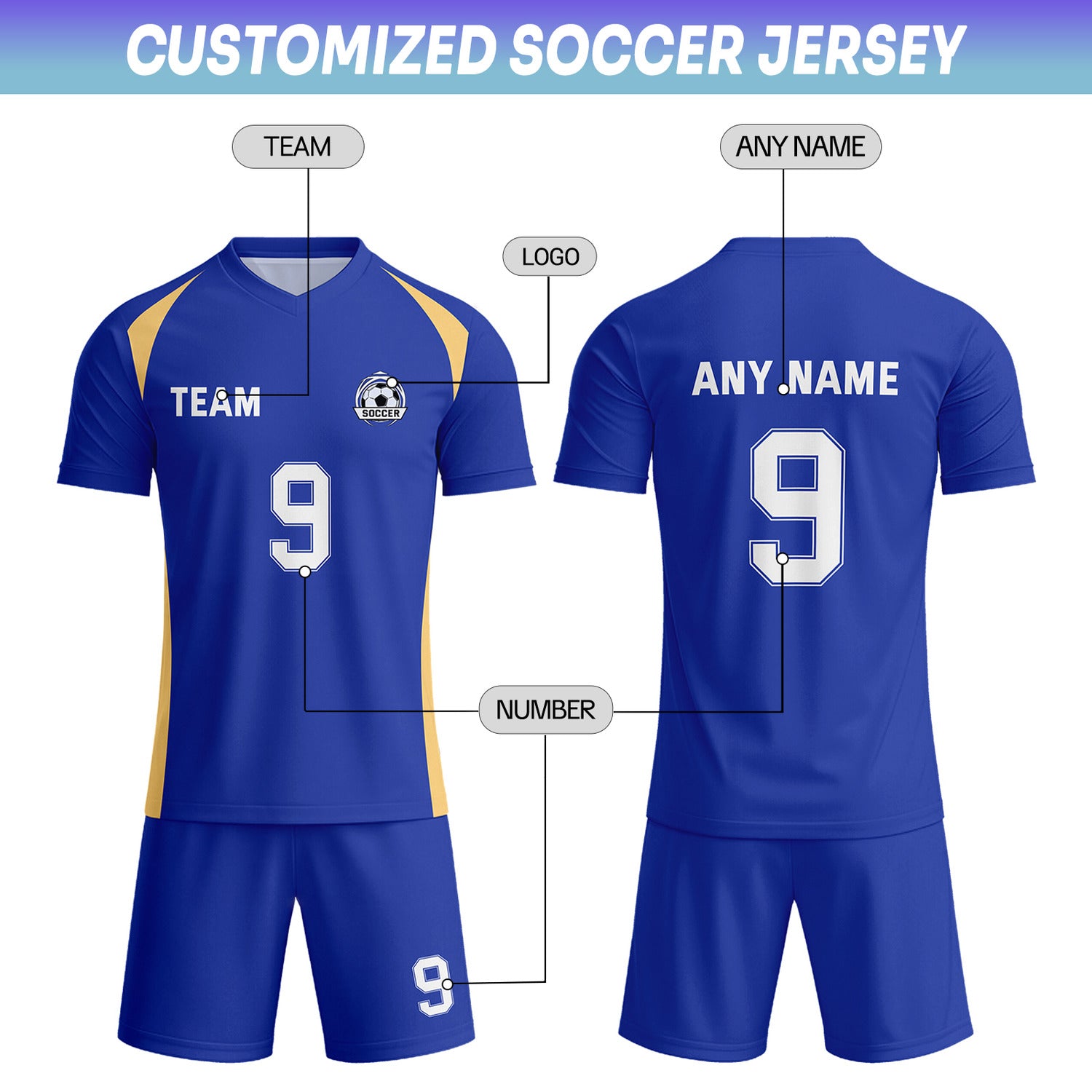Custom Royal Blue & White-Gold Soccer Uniform Set - Personalized Team Name & Number | Vosoli