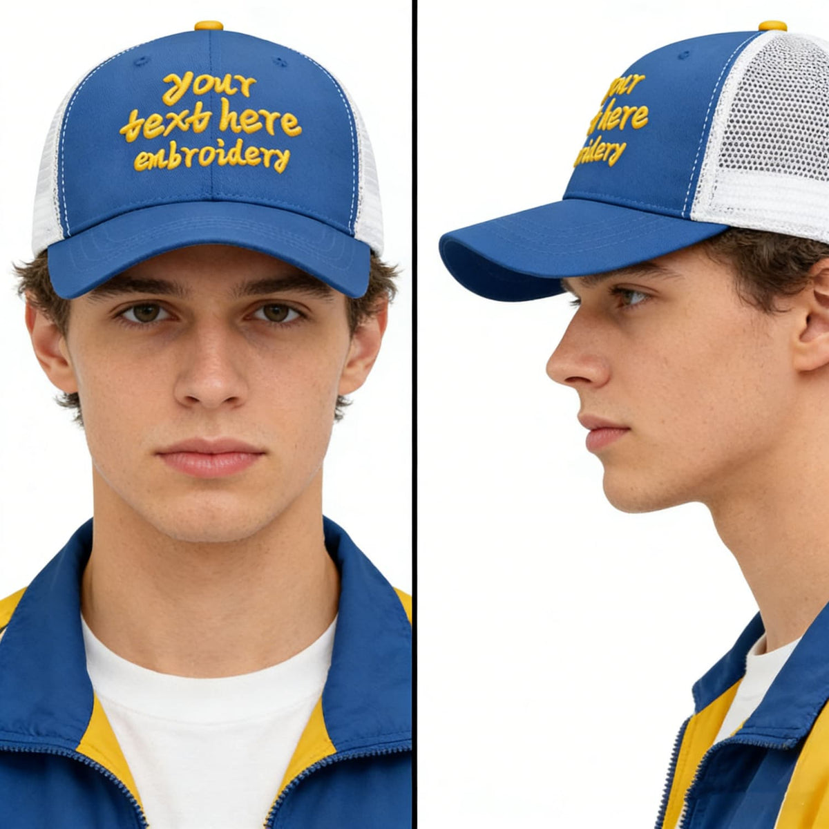 Vosoli Royal Blue & White Mesh-Back Trucker Cap - Unisex Personal & Team Custom 3D Embroidery or Print Hat