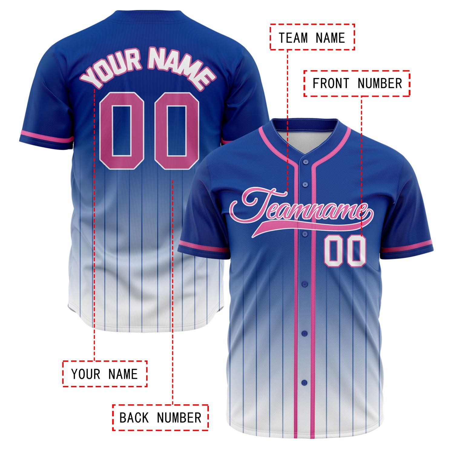 VOSOLI Vibrant Royal Blue, White & Pink Gradient Pinstripe Baseball Jersey