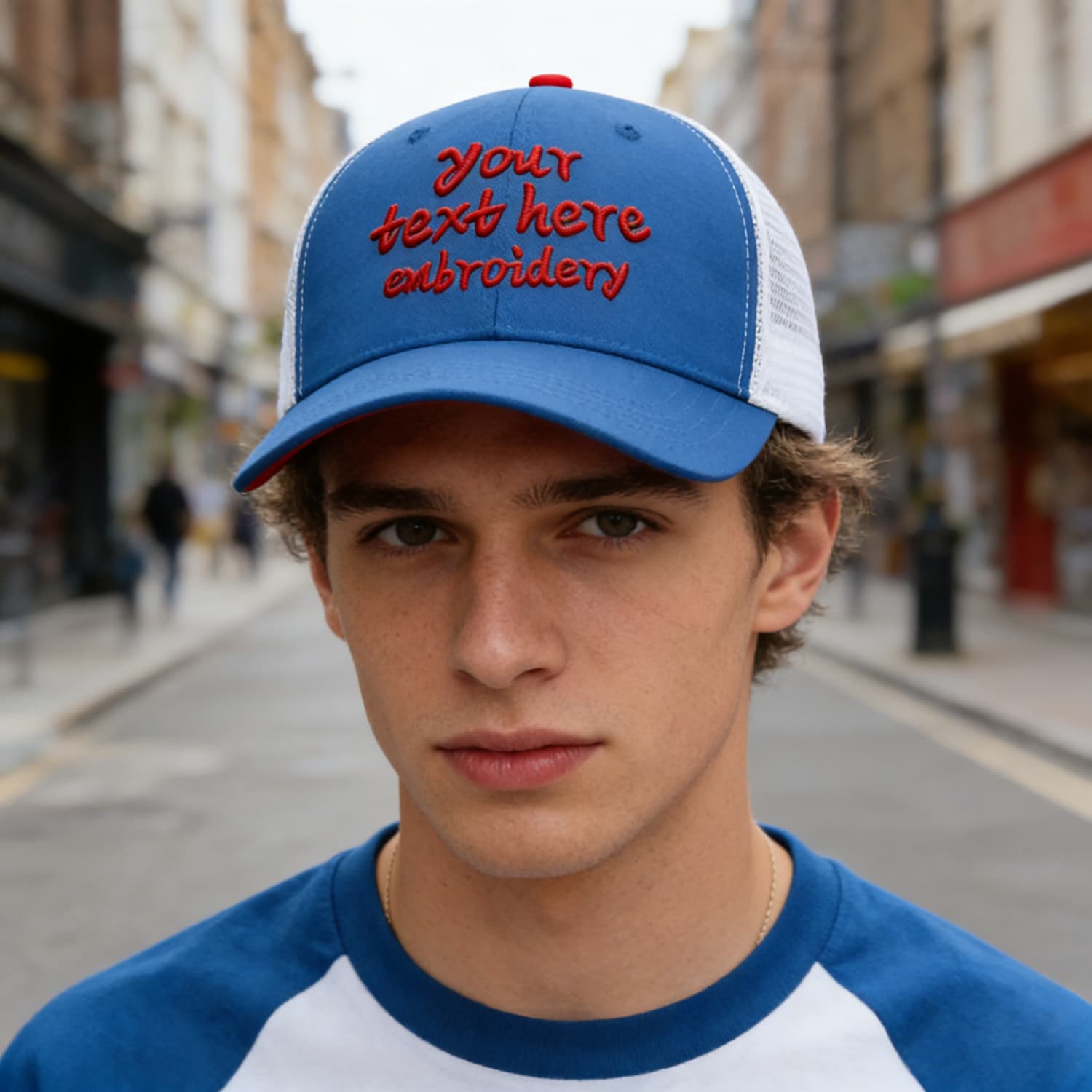 Vosoli Royal Blue & White Mesh-Back Trucker Cap - Unisex Personal & Team Custom 3D Embroidery or Print Hat