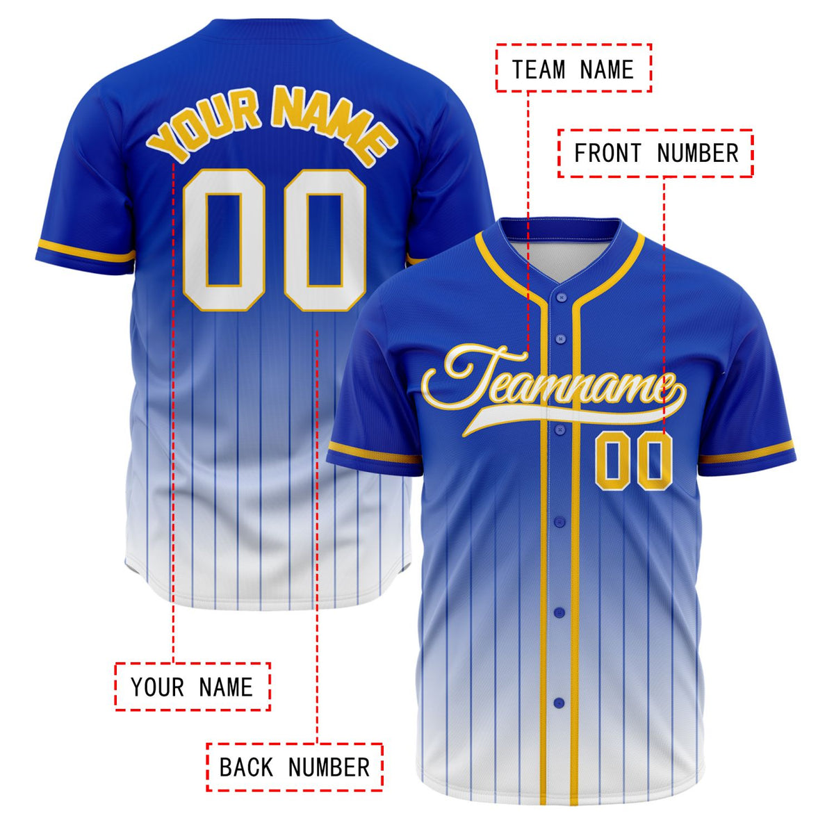VOSOLI Dynamic Blue, White & Yellow Gradient Pinstripe Baseball Jersey