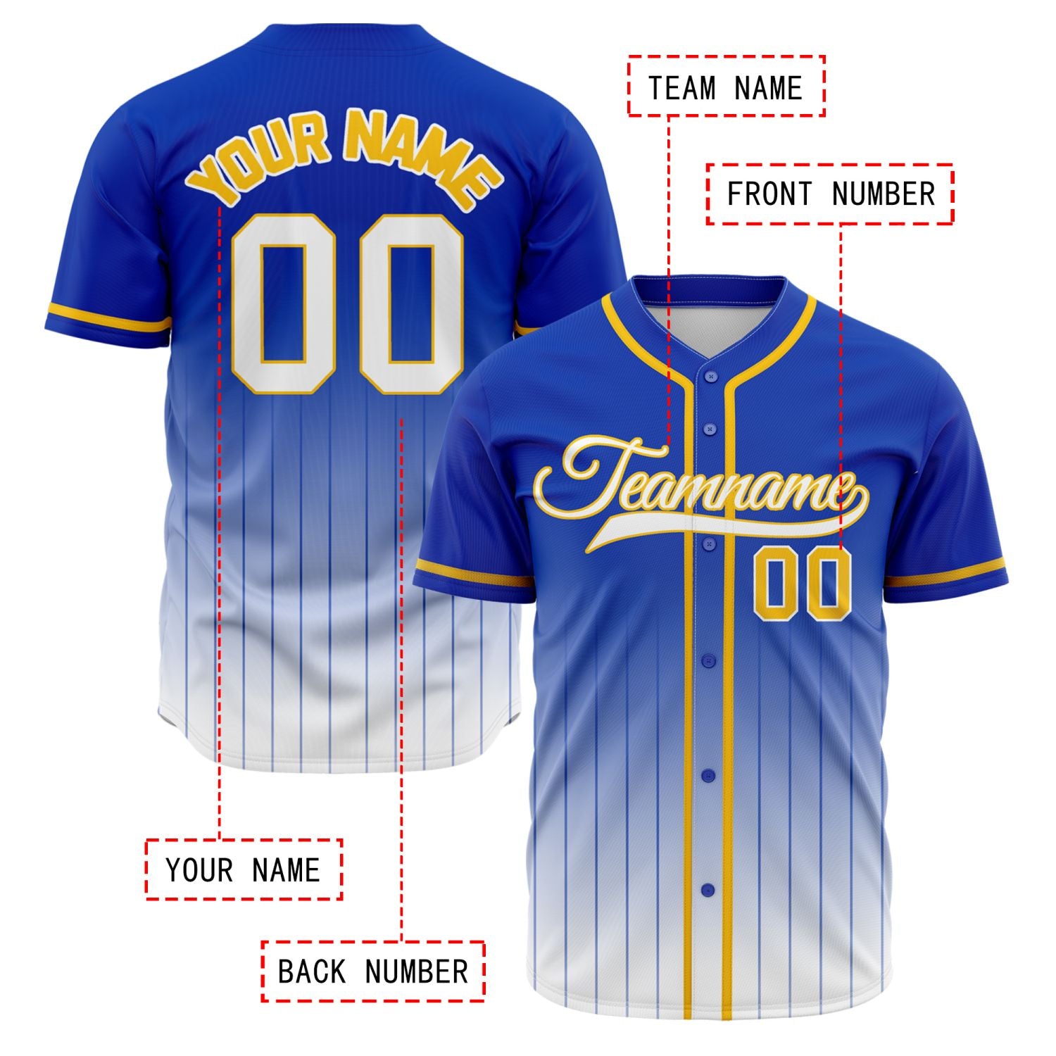 VOSOLI Dynamic Blue, White & Yellow Gradient Pinstripe Baseball Jersey