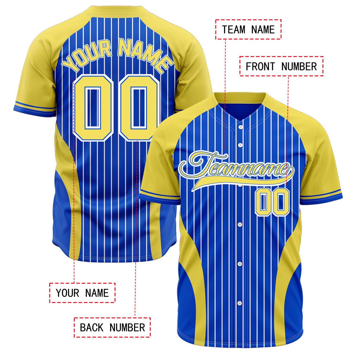 VOSOLI Custom Blue & Yellow Gold Pinstripe Baseball Jersey - Sublimated Varsity Gear