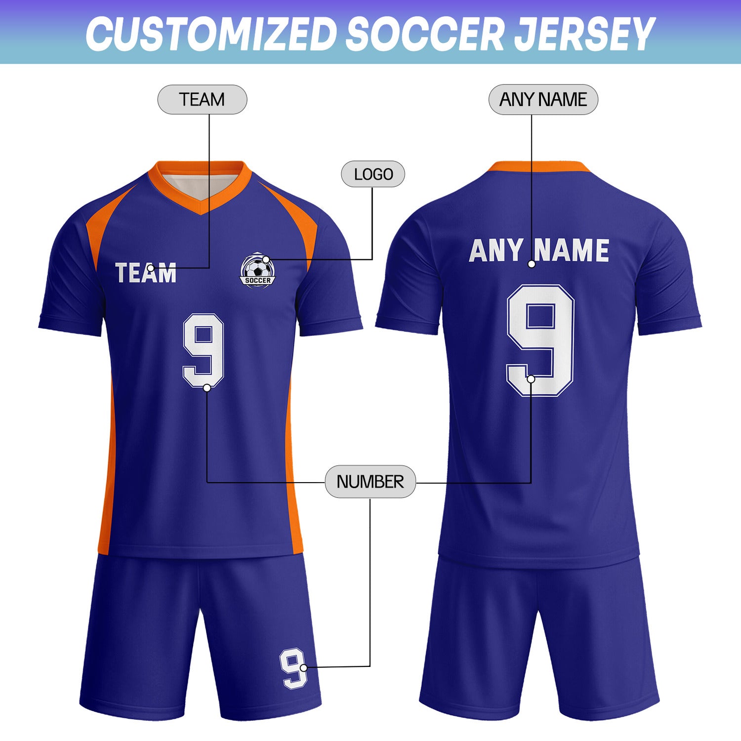 Custom Royal Purple & Orange-White Soccer Uniform Set - Personalized Team Name & Number | Vosoli