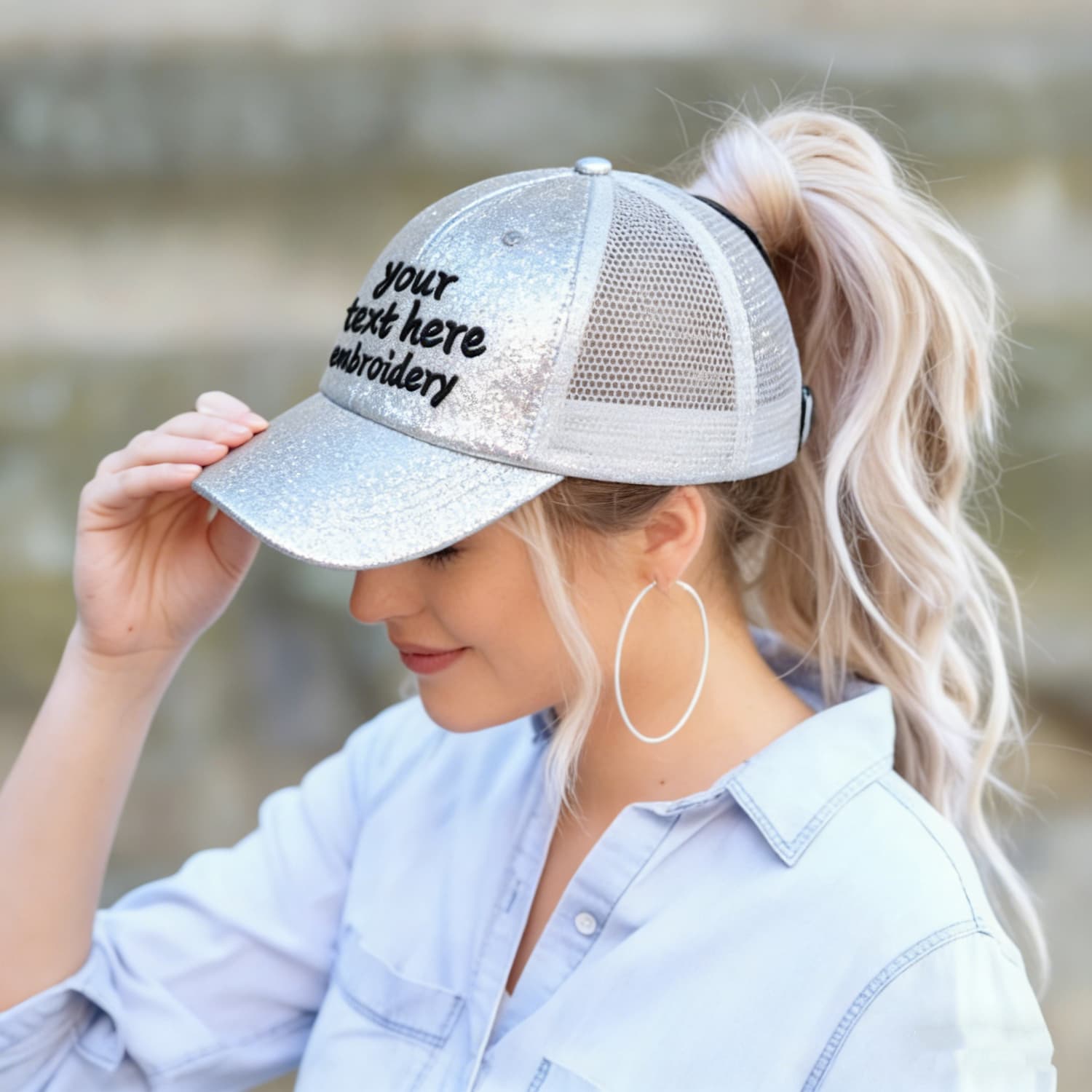 Vosoli Silver Glitter Mesh Women’s Ponytail Hat - Team Custom Embroider Personalized Caps