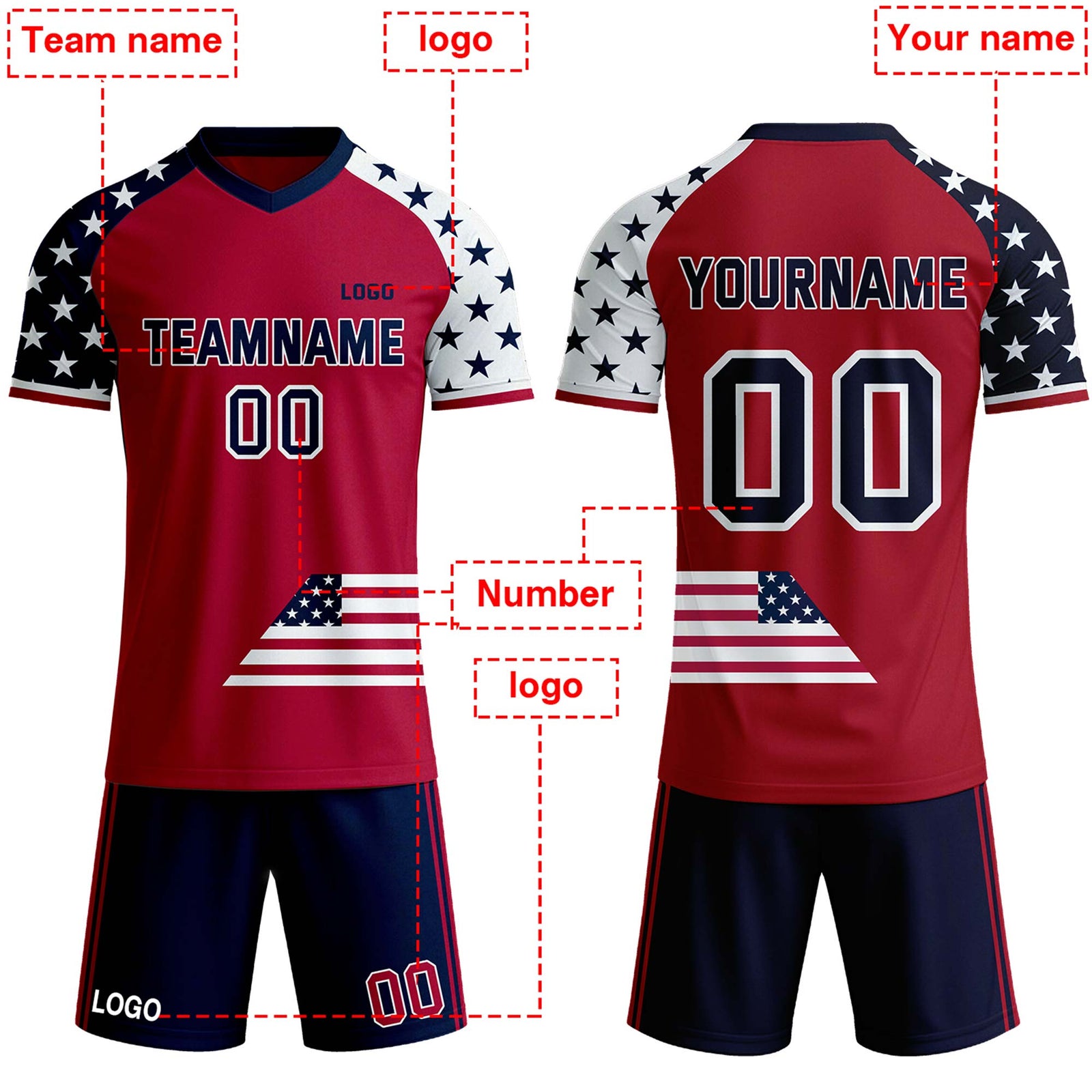 Custom USA Flag Soccer Jersey & Shorts Set - Full Sublimation Team Uniform