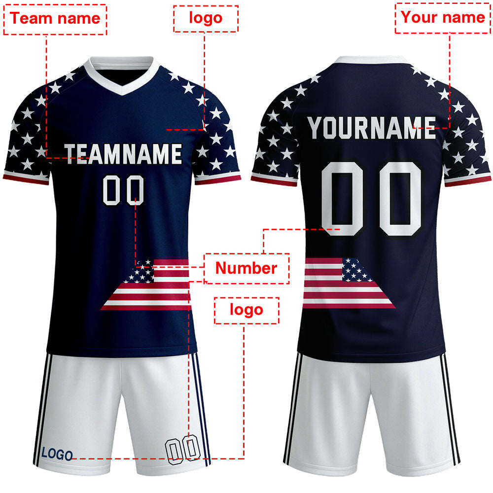 Custom Navy Blue USA Flag Soccer Jersey | Personalized Stars and Stripes Team Uniform - VOSOLI