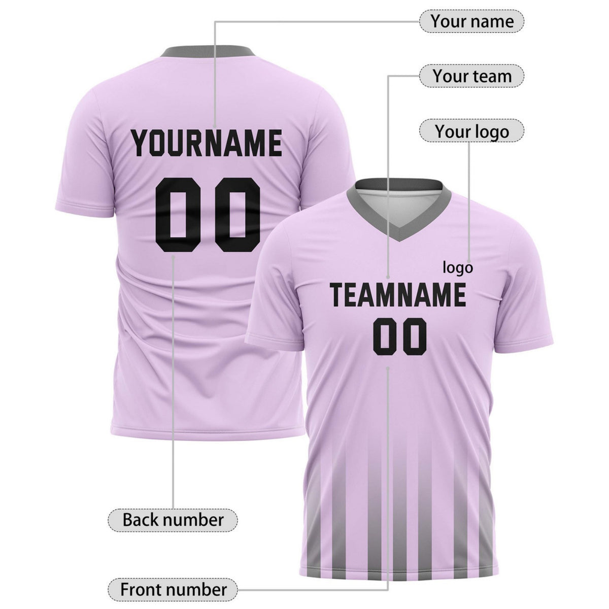 Custom Soft Lavender & Grey Gradient Stripe Soccer Jersey for Teams & Individuals | Vosoli