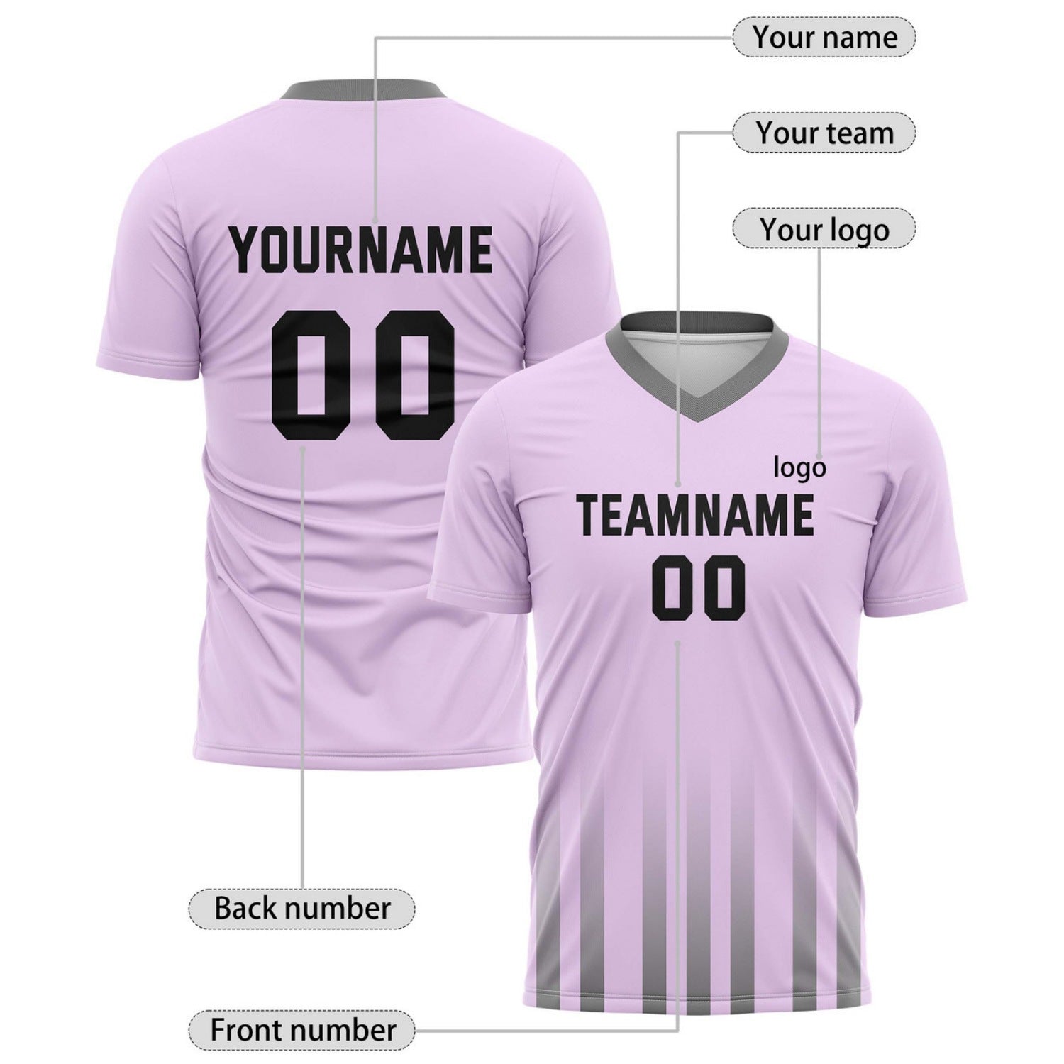 Custom Soft Lavender & Grey Gradient Stripe Soccer Jersey for Teams & Individuals | Vosoli