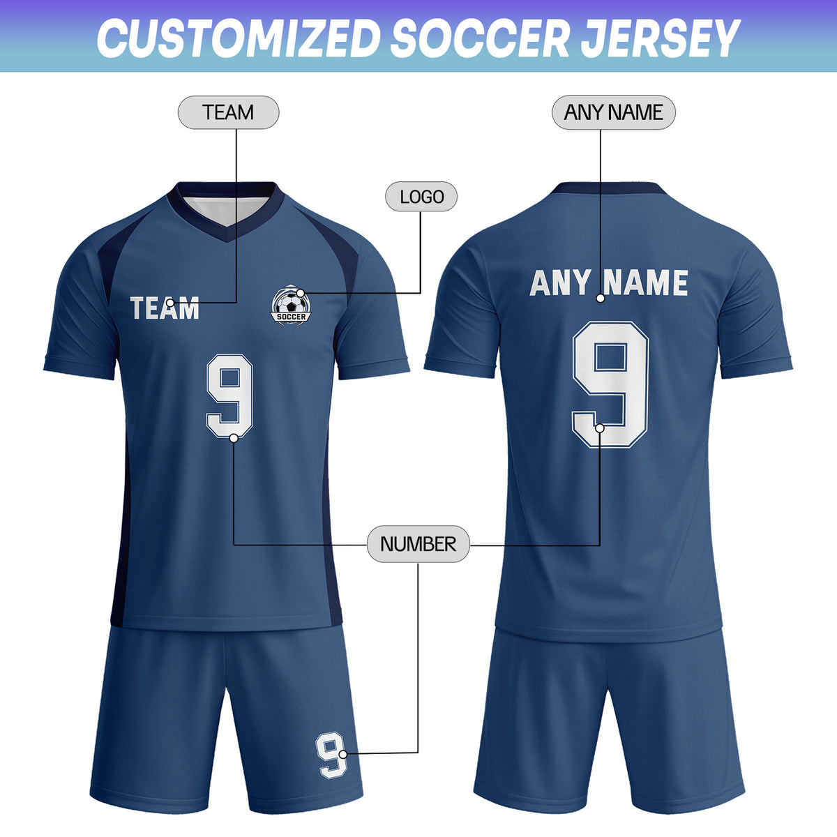Custom Steel Blue & Navy-White Soccer Uniform Set - Personalized Team Name & Number | Vosoli