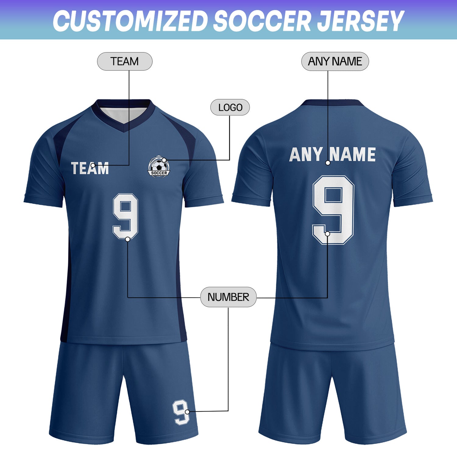 Custom Steel Blue & Navy-White Soccer Uniform Set - Personalized Team Name & Number | Vosoli
