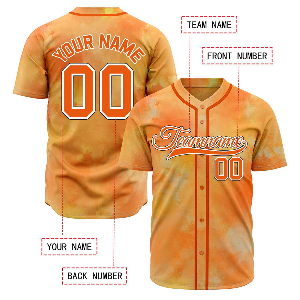 VOSOLI Sunset Vibrant Orange Tie-Dye Graffiti Custom Stitched Baseball Jersey