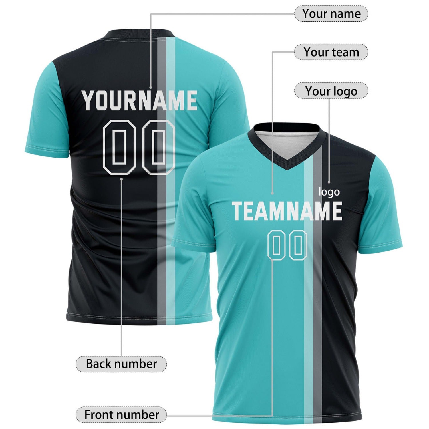 Custom Teal & Black Split Stripe Soccer Jersey for Teams & Individuals | Vosoli