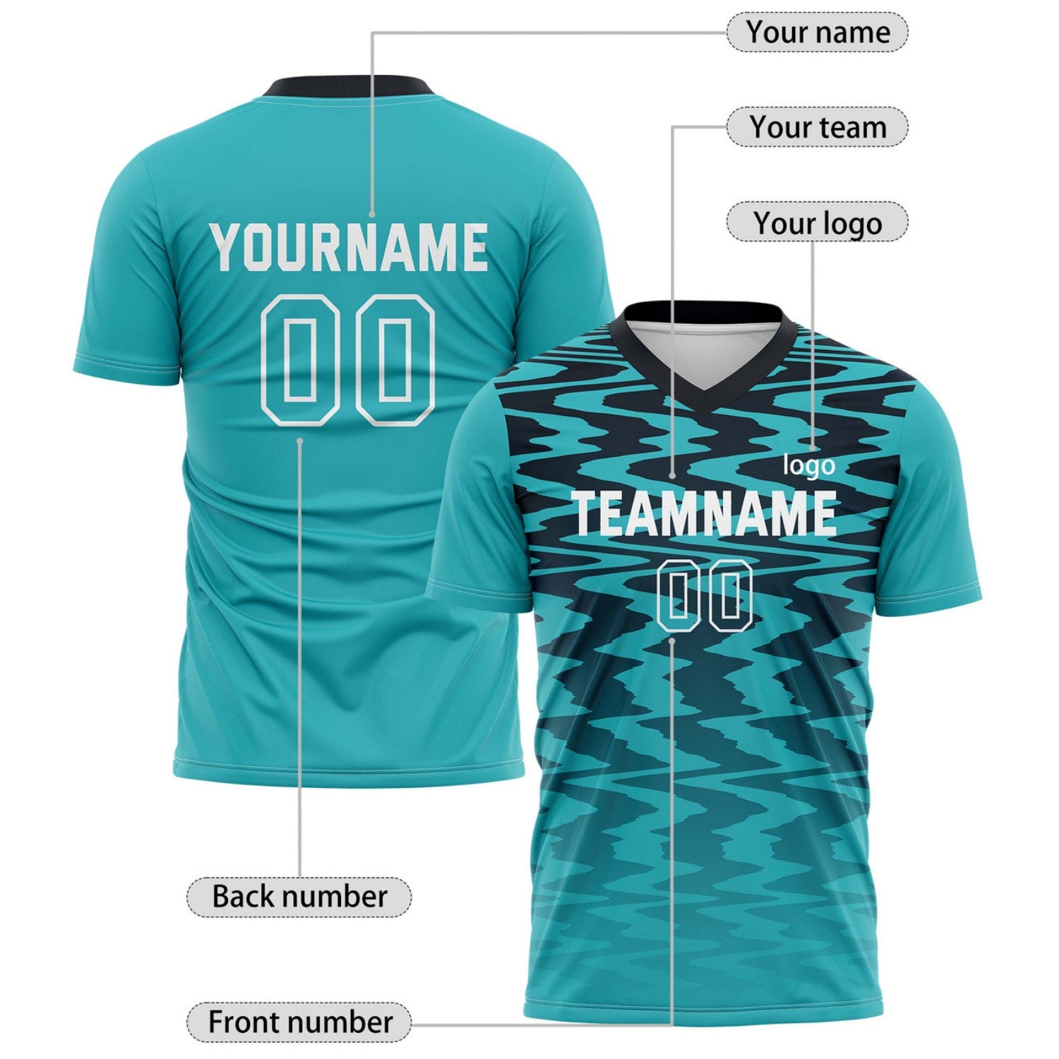 Custom Teal & Black Wave Pattern Soccer Jersey for Teams & Individuals | Vosoli