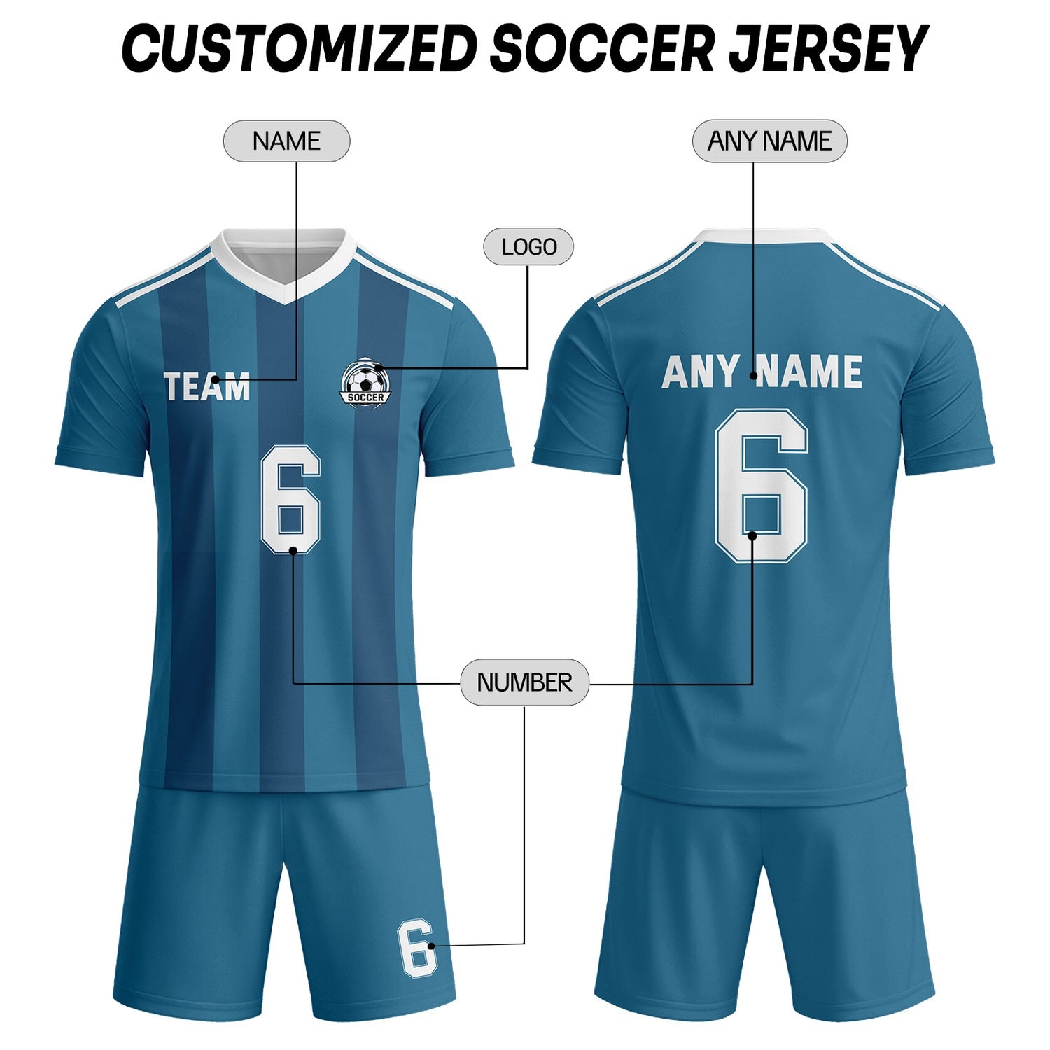 Custom Teal & Blue-White Striped Soccer Uniform Set for Teams & Individuals | Vosoli
