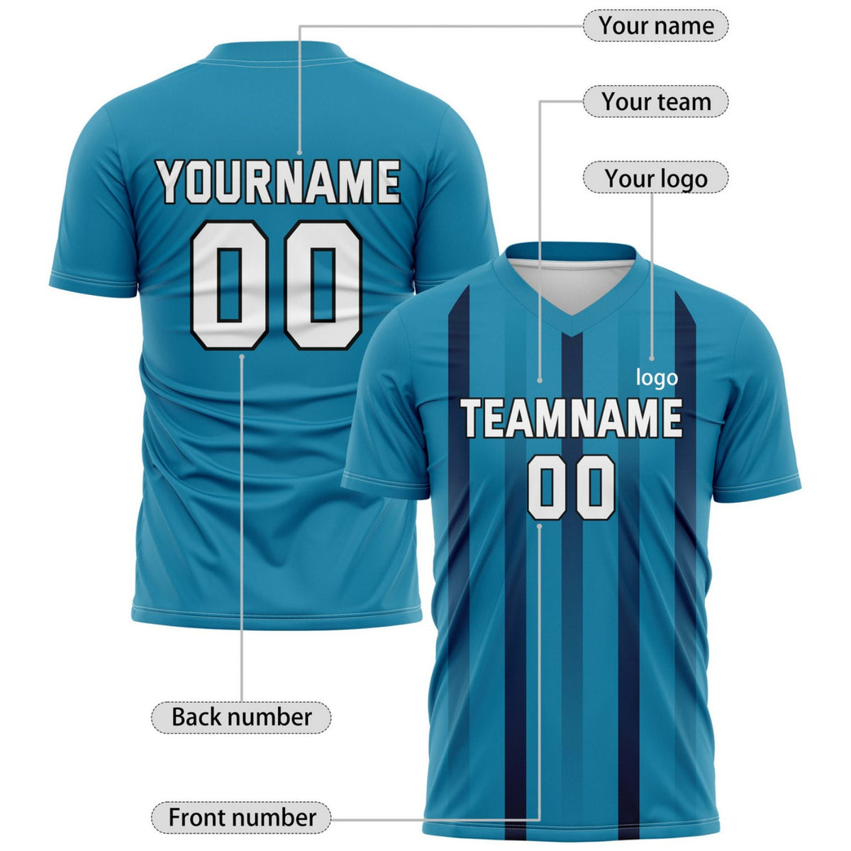 Custom Teal & Dark Blue Stripe Soccer Jersey - Personalized Team Name & Player Number for Matches | Vosoli