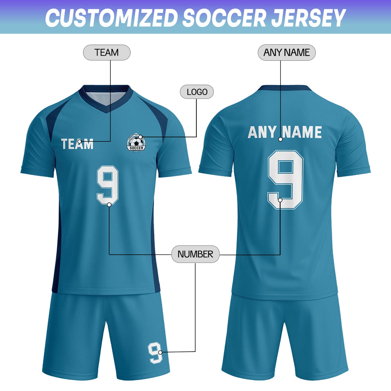 Custom Teal & Navy-White Soccer Uniform Set - Personalized Team Name & Number | Vosoli