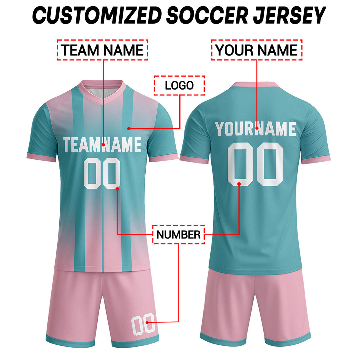 Custom Teal & Pink Stripe Gradient Soccer Uniform Set for Teams & Individuals | Vosoli